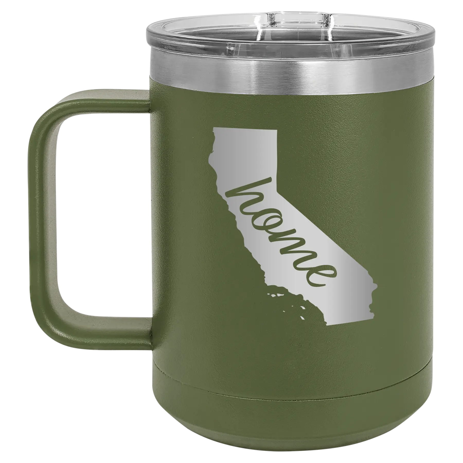Laser etched olive green 15 oz vacuum insulated coffee mug with 'California Home' design
