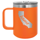 Laser etched orange 15 oz vacuum insulated coffee mug with 'California Home' design