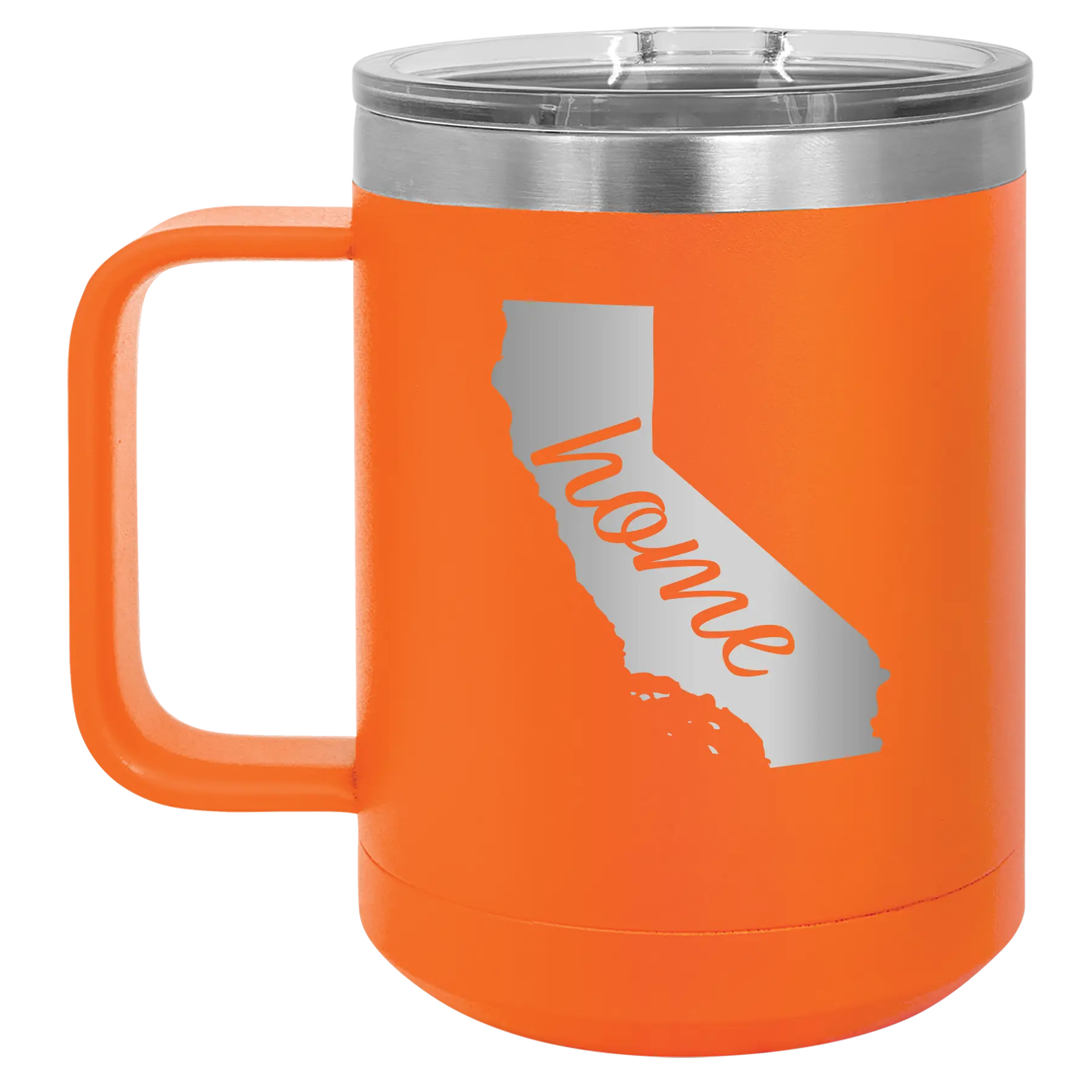 Laser etched orange 15 oz vacuum insulated coffee mug with 'California Home' design