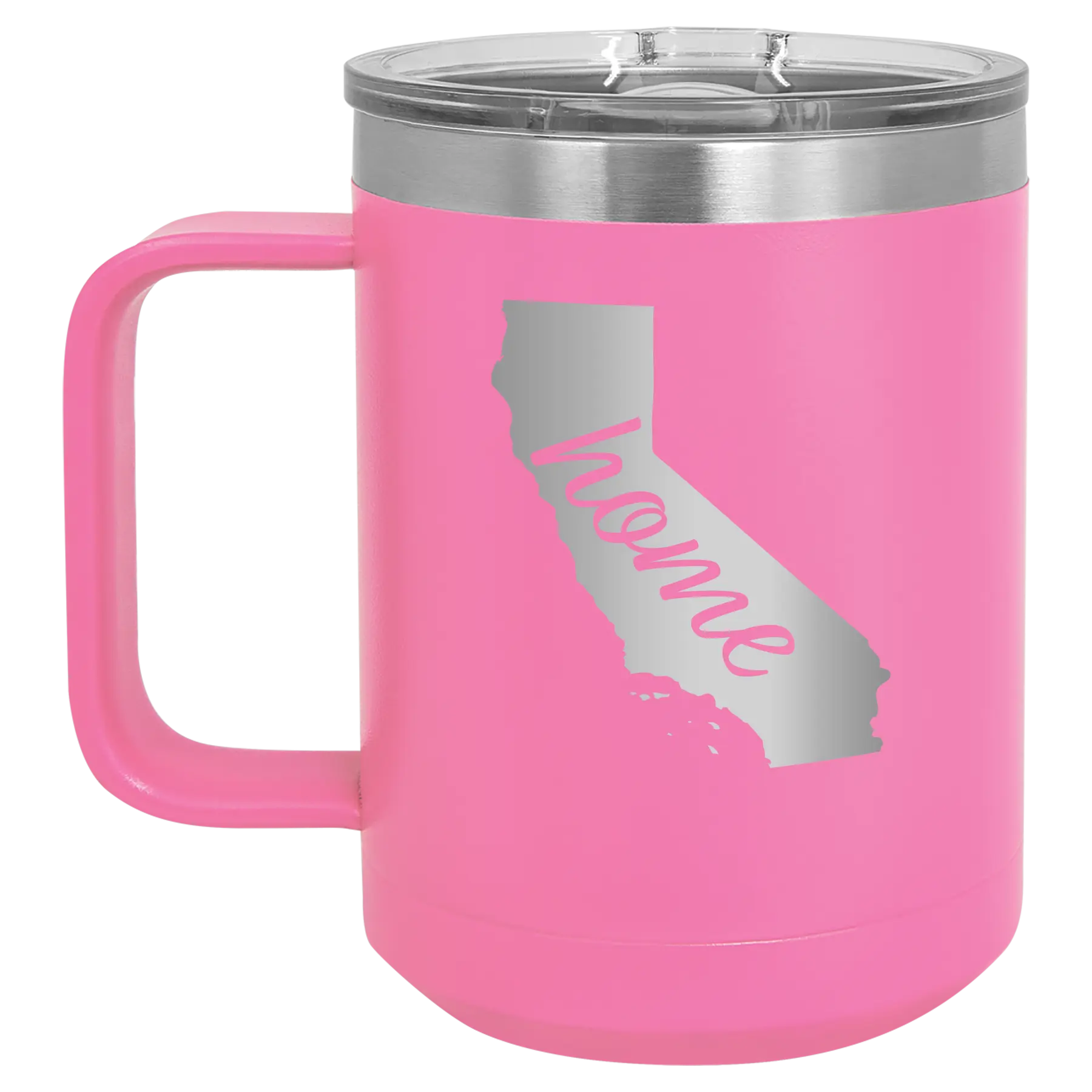 Laser etched pink 15 oz vacuum insulated coffee mug with 'California Home' design
