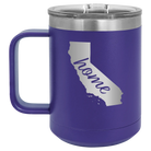 Laser etched purple 15 oz vacuum insulated coffee mug with 'California Home' design