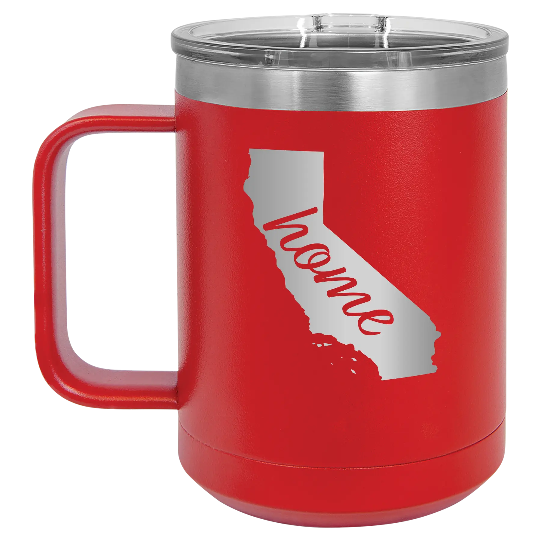 Laser etched red 15 oz vacuum insulated coffee mug with 'California Home' design