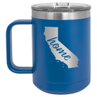 Laser etched royal blue 15 oz vacuum insulated coffee mug with 'California Home' design