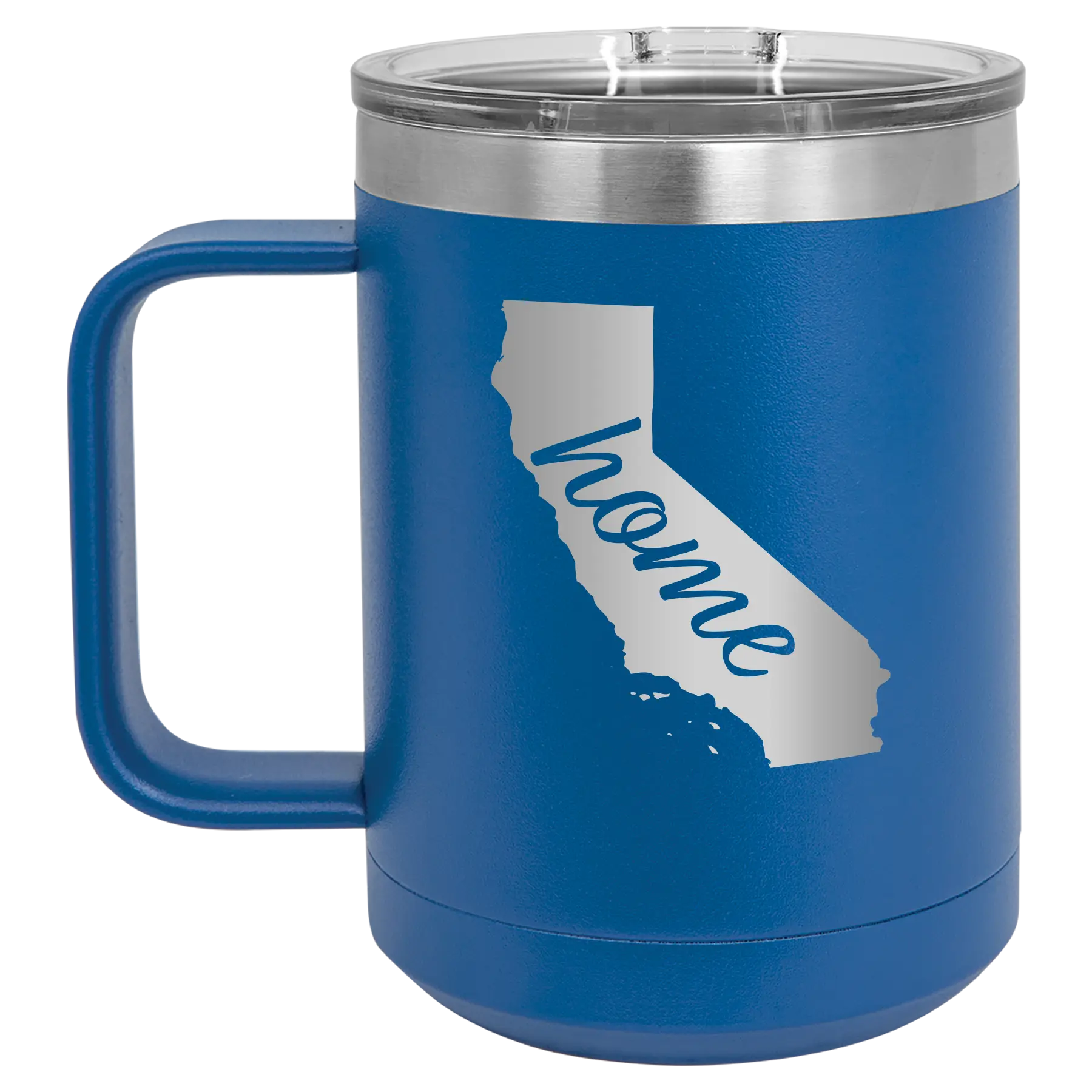 Laser etched royal blue 15 oz vacuum insulated coffee mug with 'California Home' design