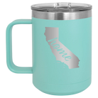 Laser etched teal 15 oz vacuum insulated coffee mug with 'California Home' design