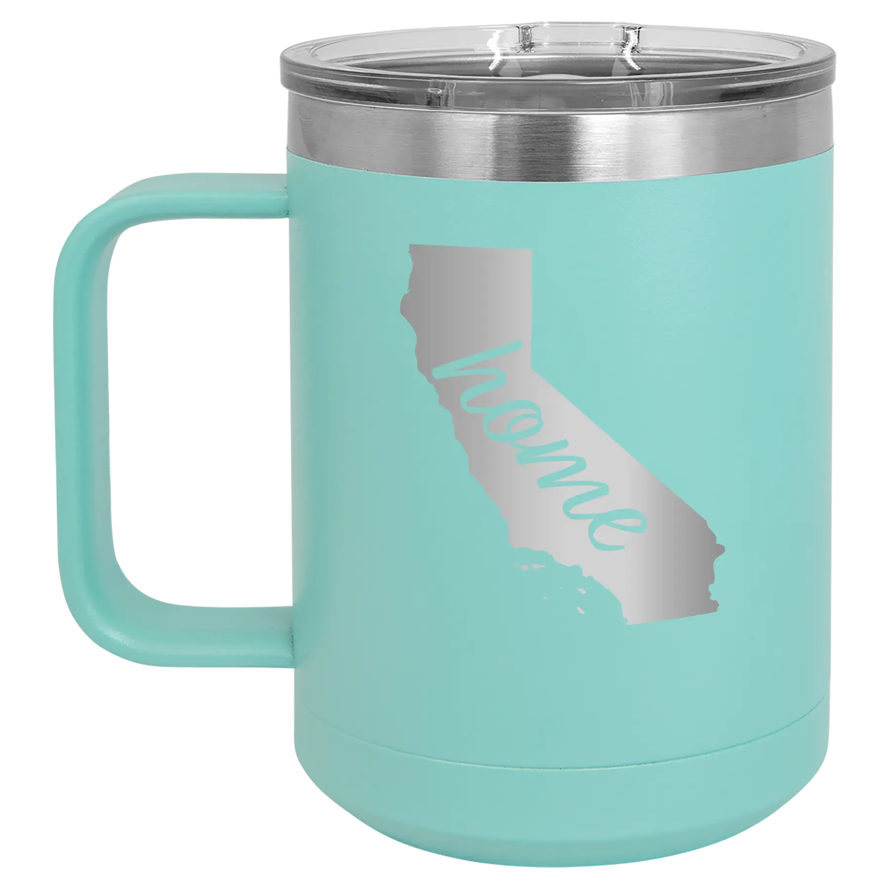 Laser etched teal 15 oz vacuum insulated coffee mug with 'California Home' design