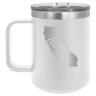 Laser etched white 15 oz vacuum insulated coffee mug with 'California Home' design