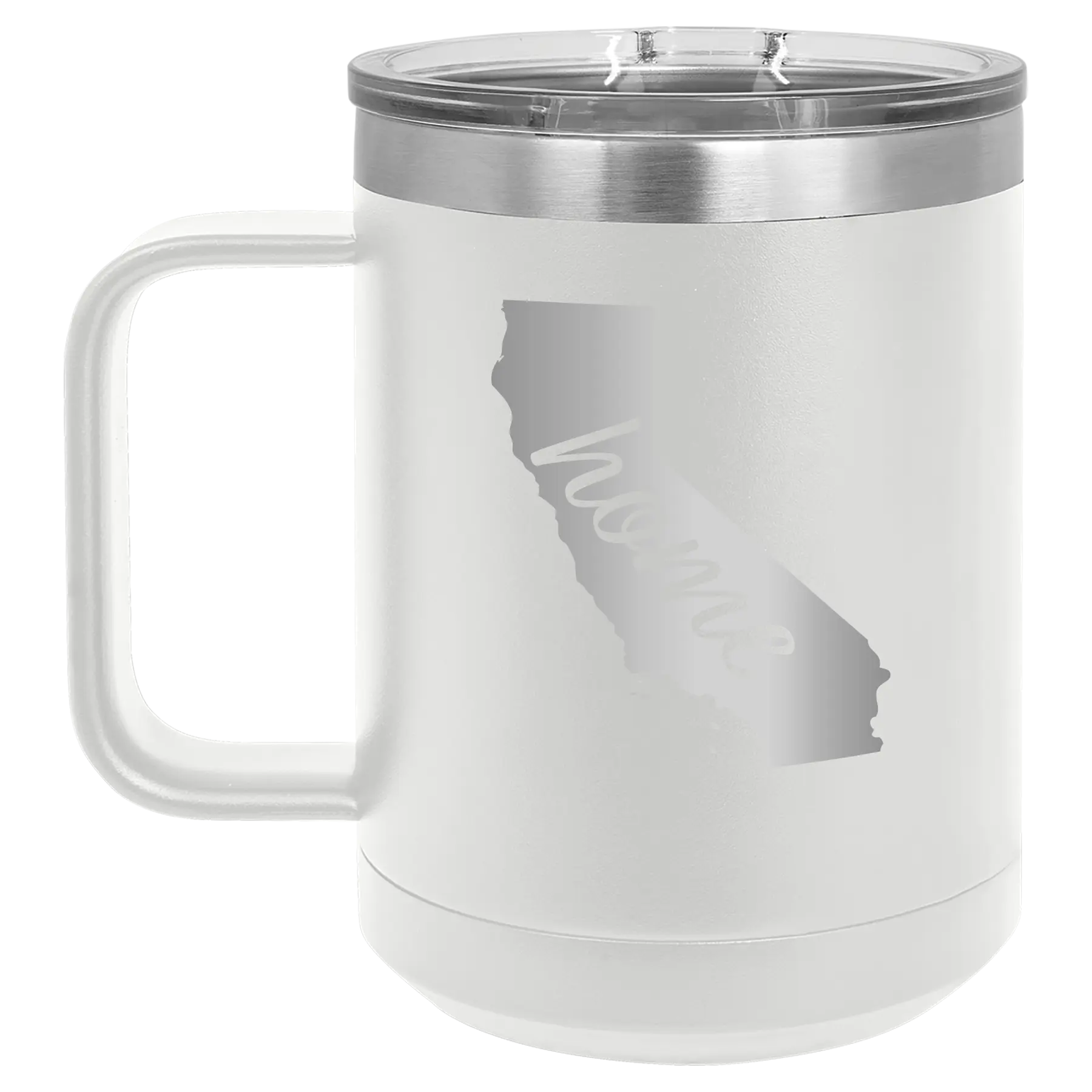 Laser etched white 15 oz vacuum insulated coffee mug with 'California Home' design