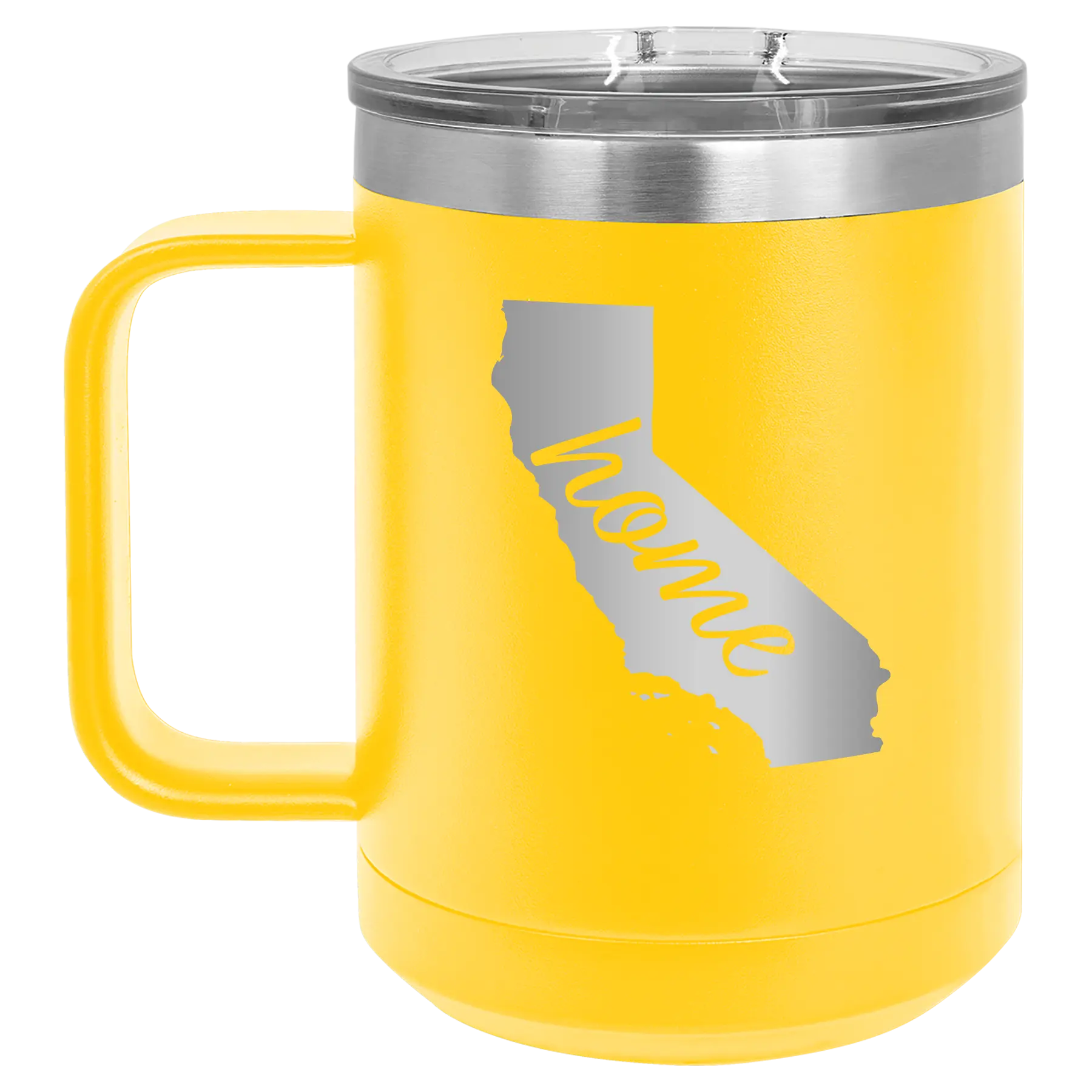 Laser etched yellow 15 oz vacuum insulated coffee mug with 'California Home' design