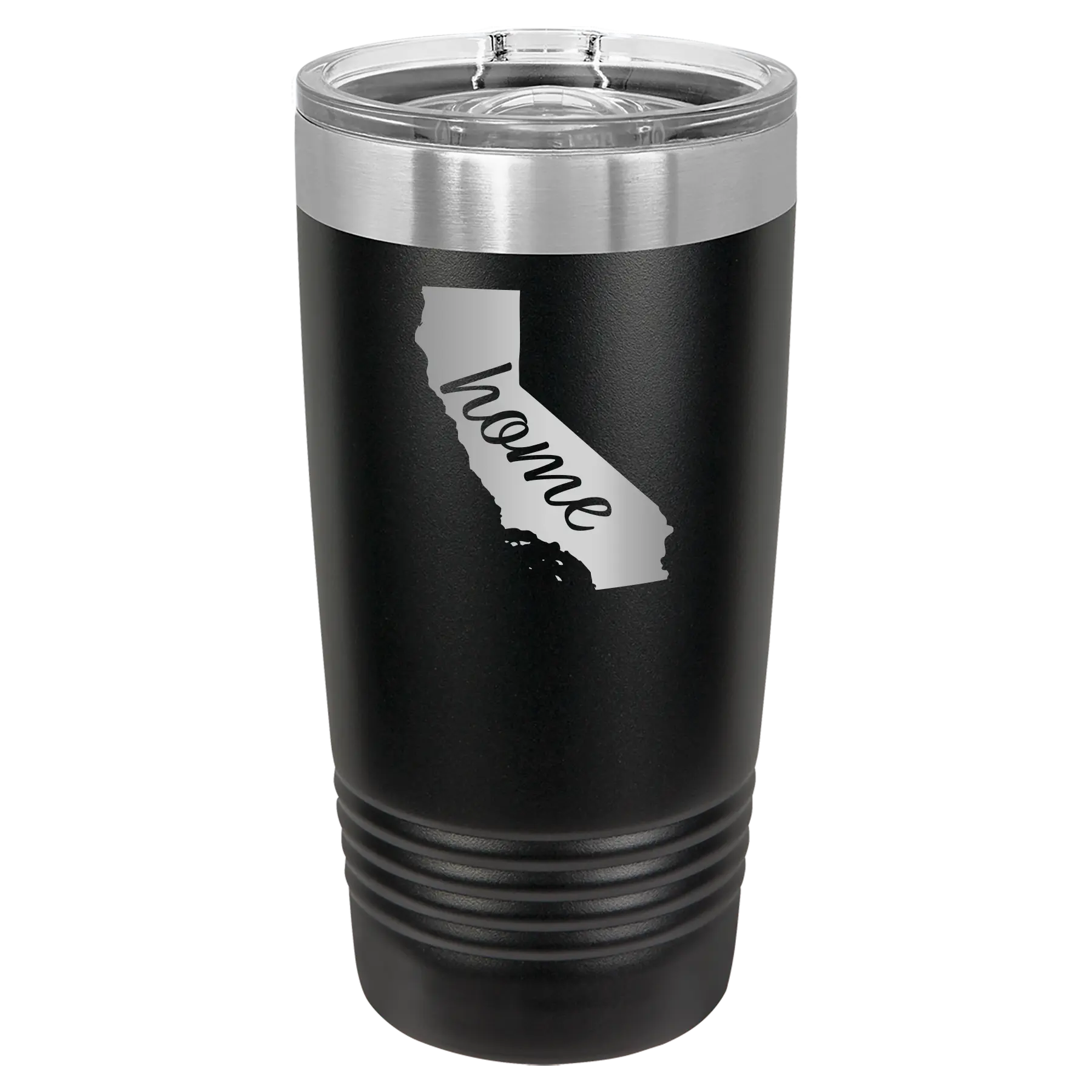 Laser etched black 20 oz vacuum insulated tumbler with 'California Home' design