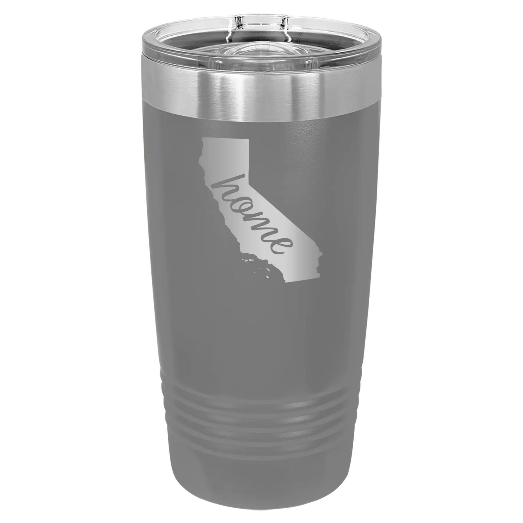 Laser etched dark gray 20 oz vacuum insulated tumbler with 'California Home' design