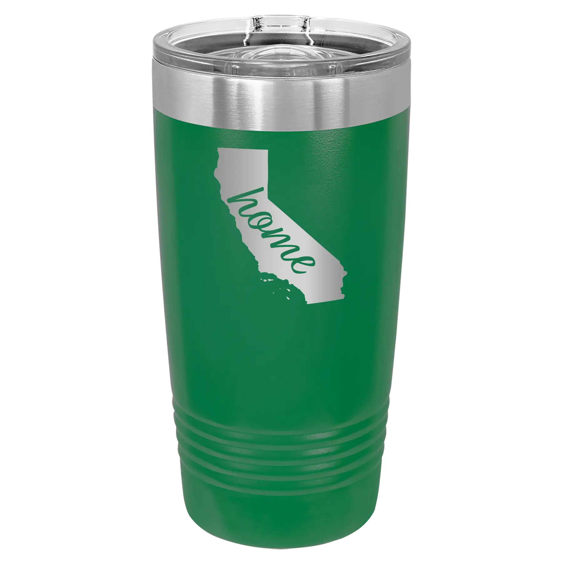 Laser etched green 20 oz vacuum insulated tumbler with 'California Home' design