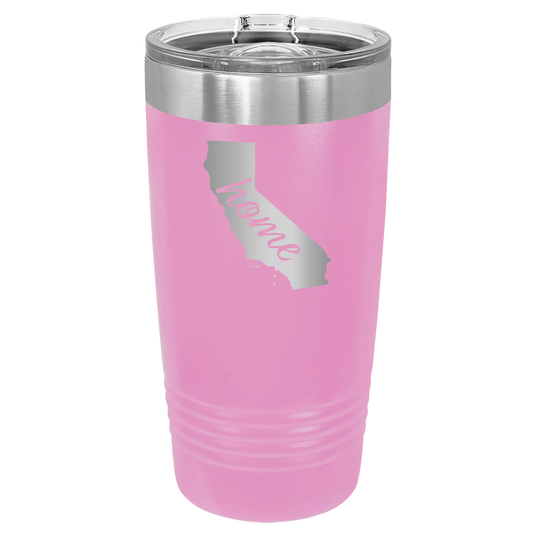 Laser etched light purple 20 oz vacuum insulated tumbler with 'California Home' design