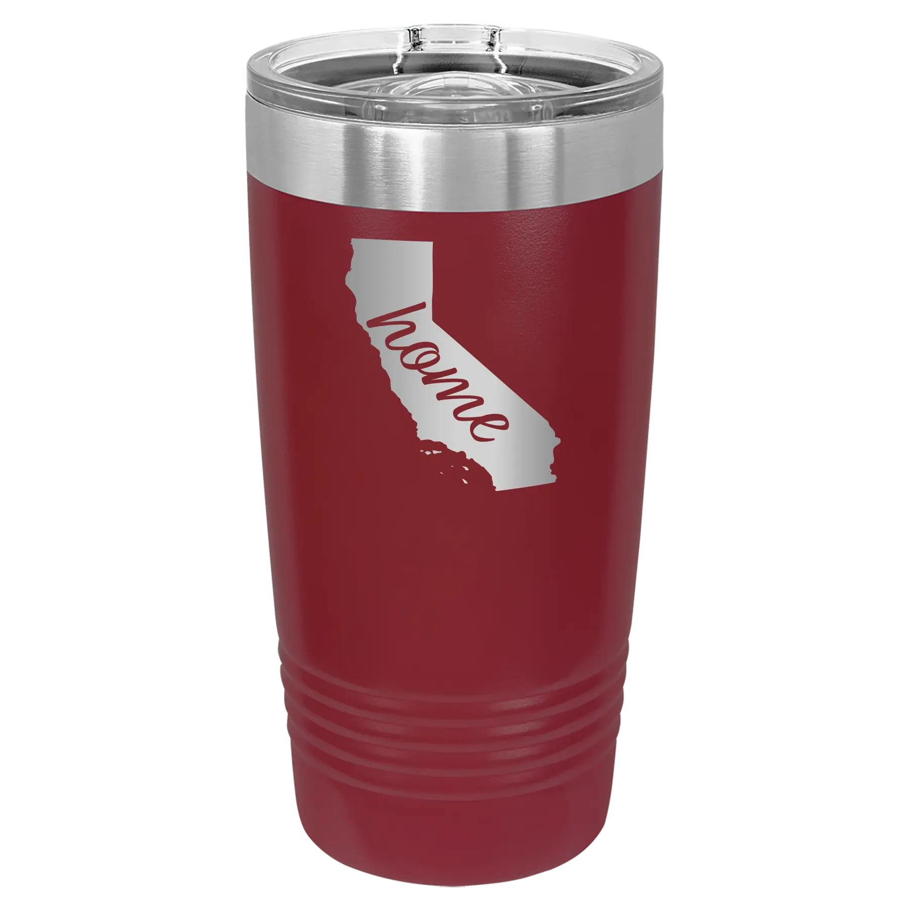 Laser etched maroon 20 oz vacuum insulated tumbler with 'California Home' design