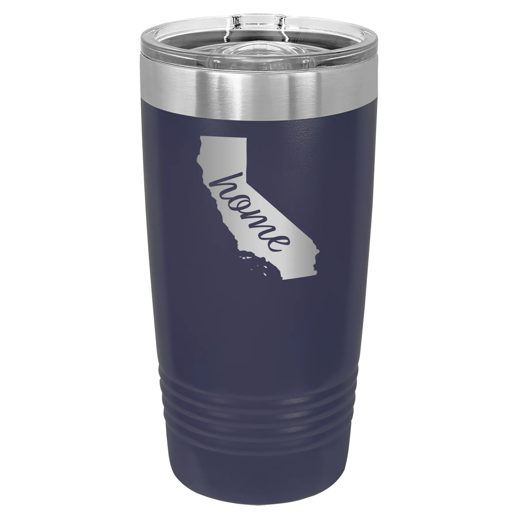Laser etched navy 20 oz vacuum insulated tumbler with 'California Home' design