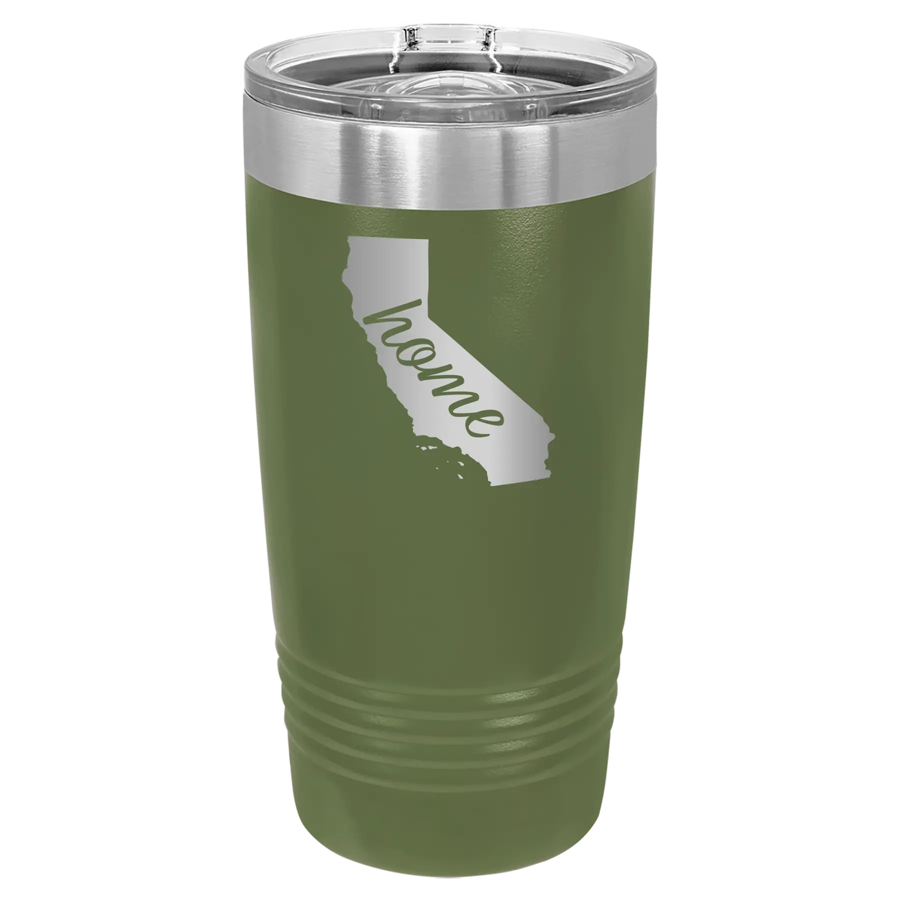Laser etched olive green 20 oz vacuum insulated tumbler with 'California Home' design