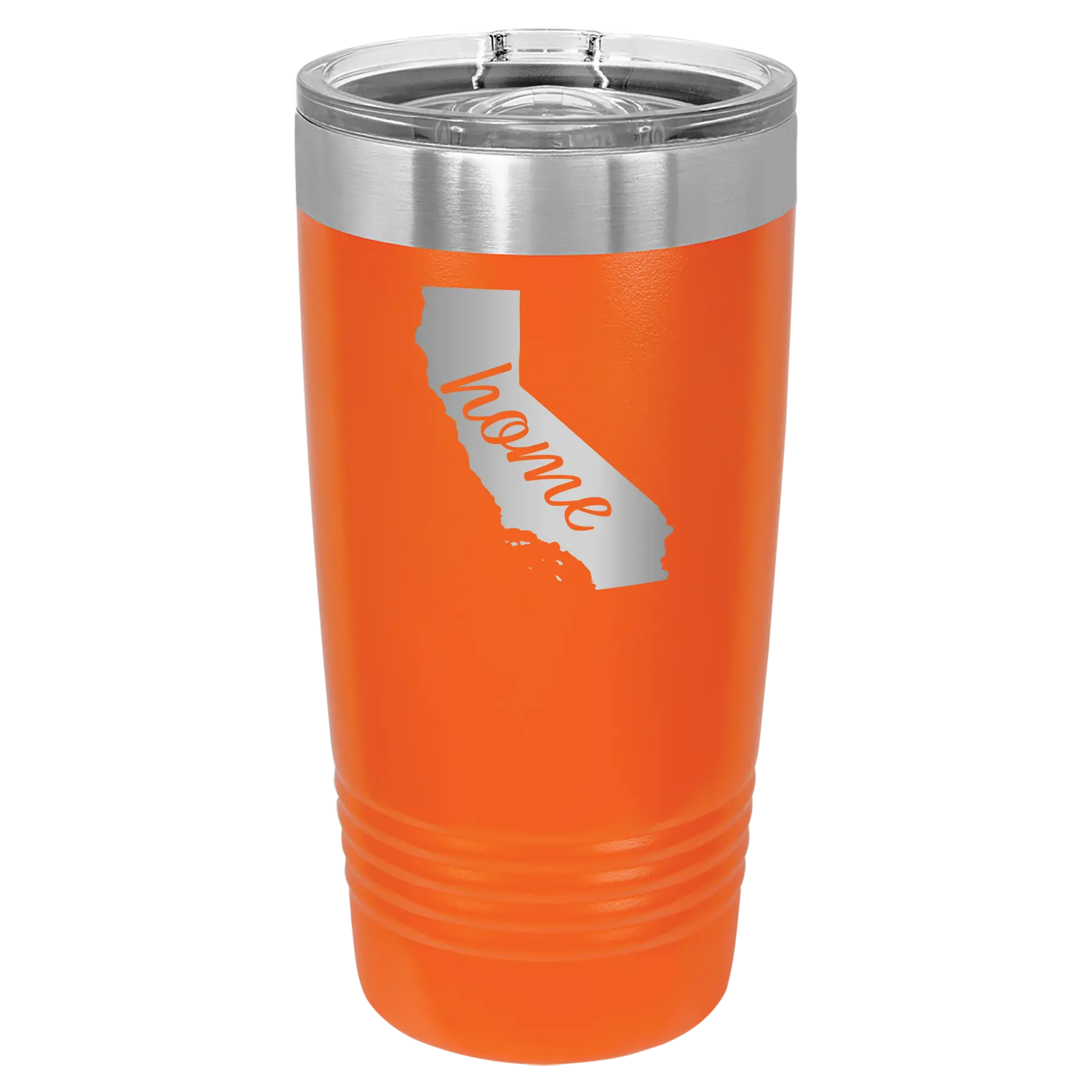 Laser etched orange 20 oz vacuum insulated tumbler with 'California Home' design