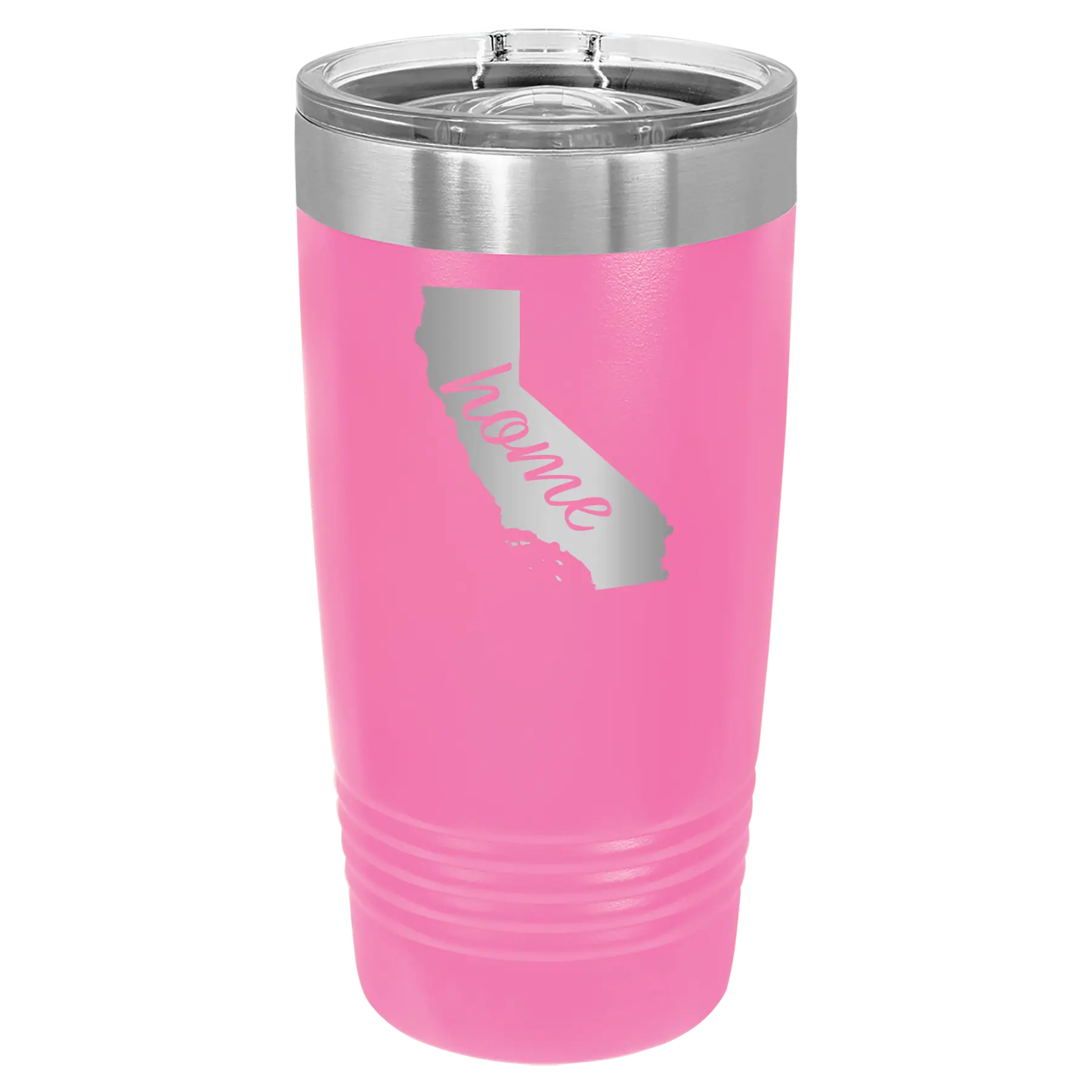 Laser etched pink 20 oz vacuum insulated tumbler with 'California Home' design
