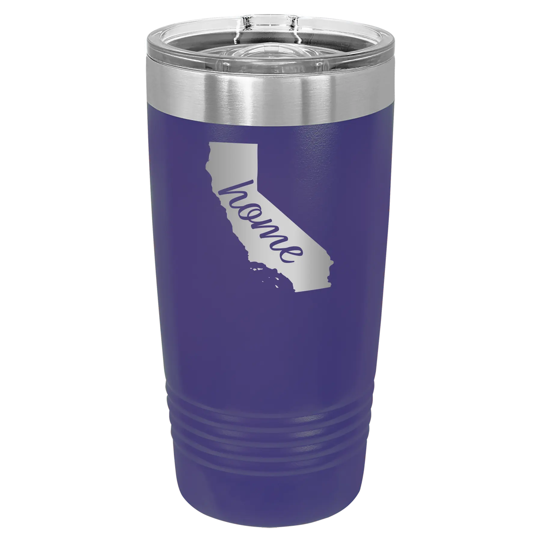 Laser etched purple 20 oz vacuum insulated tumbler with 'California Home' design