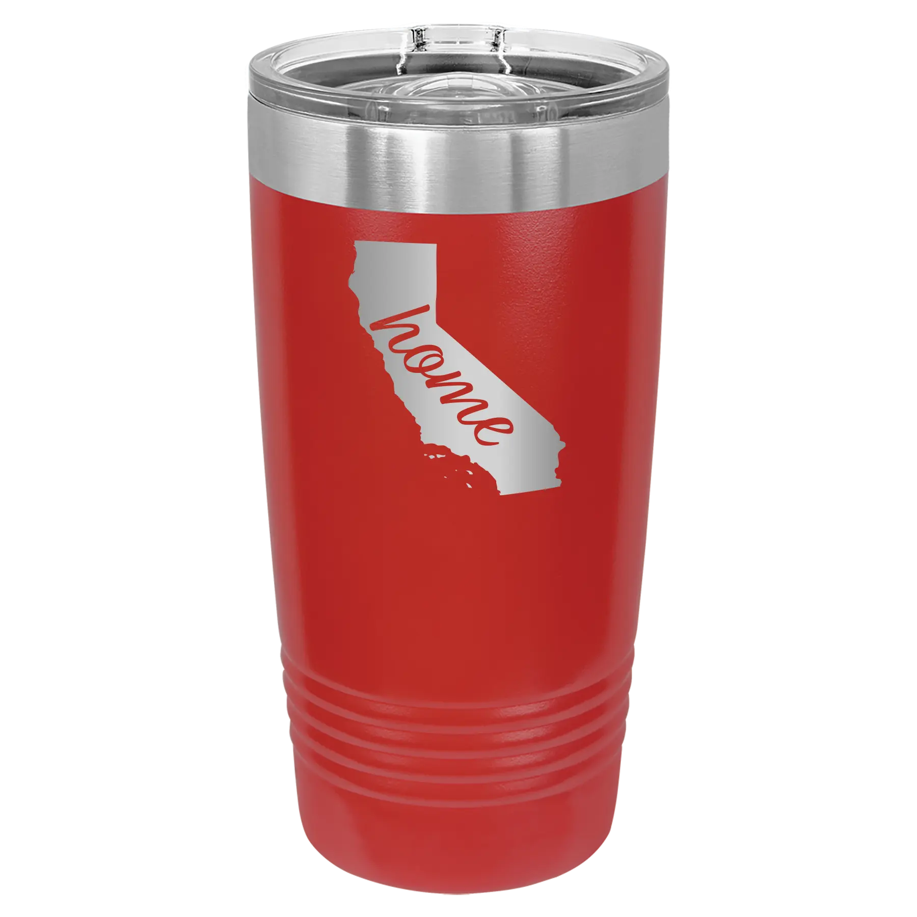 Laser etched red 20 oz vacuum insulated tumbler with 'California Home' design