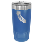 Laser etched royal blue 20 oz vacuum insulated tumbler with 'California Home' design