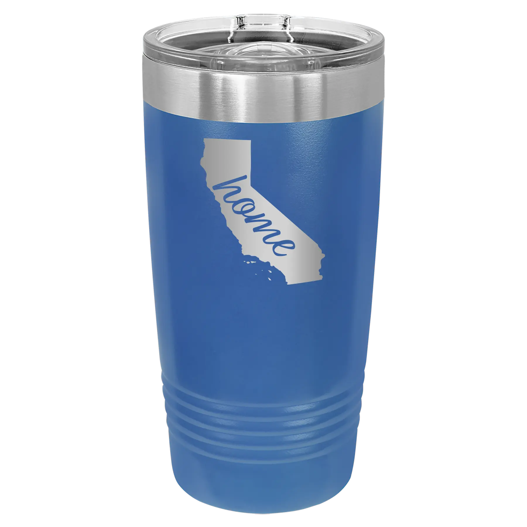 Laser etched royal blue 20 oz vacuum insulated tumbler with 'California Home' design