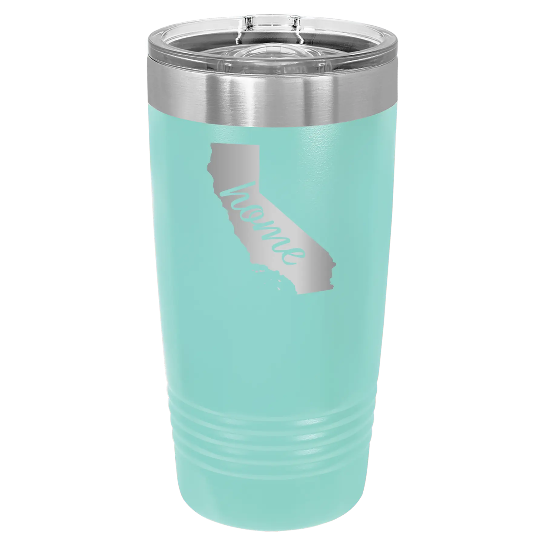 Laser etched teal 20 oz vacuum insulated tumbler with 'California Home' design