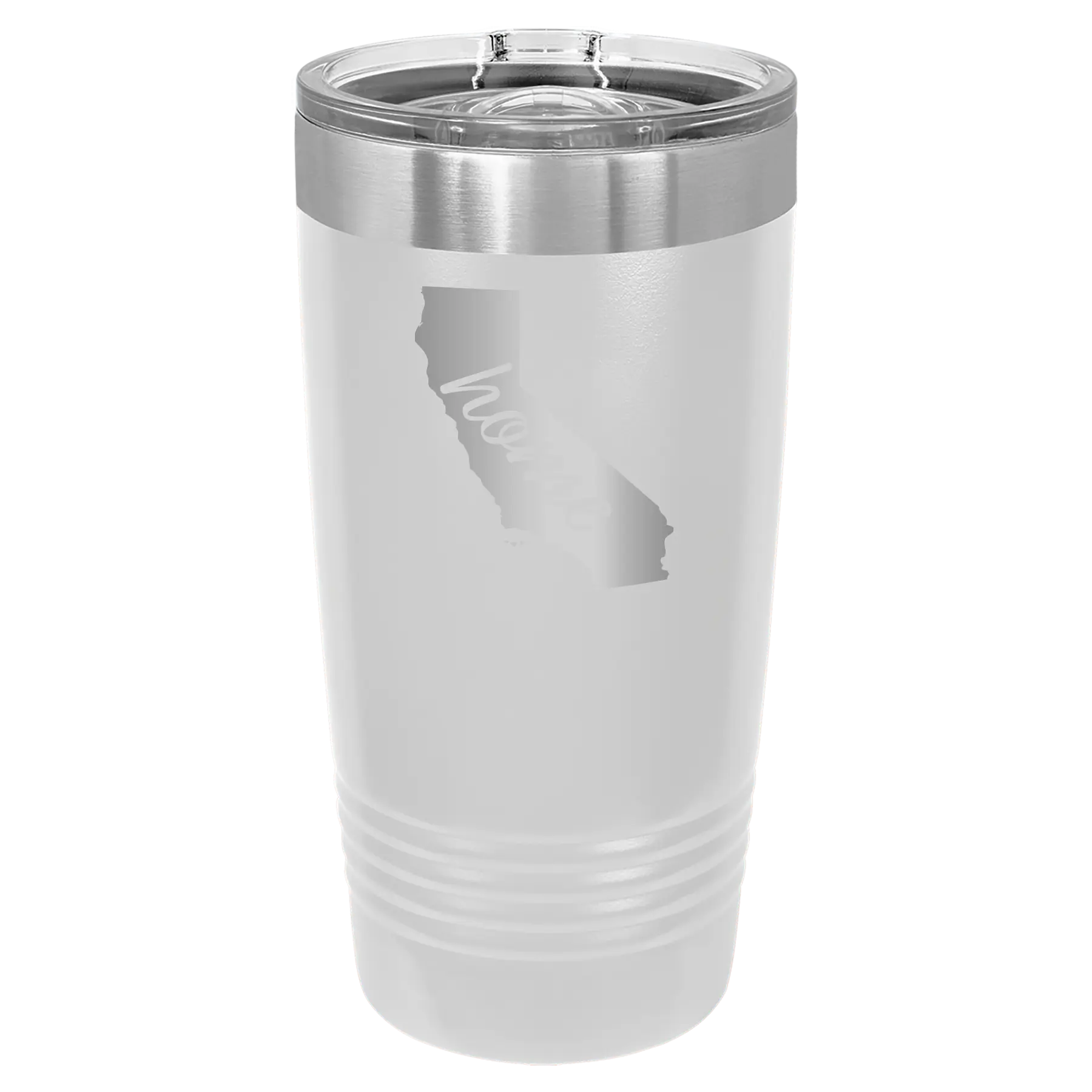 Laser etched white 20 oz vacuum insulated tumbler with 'California Home' design