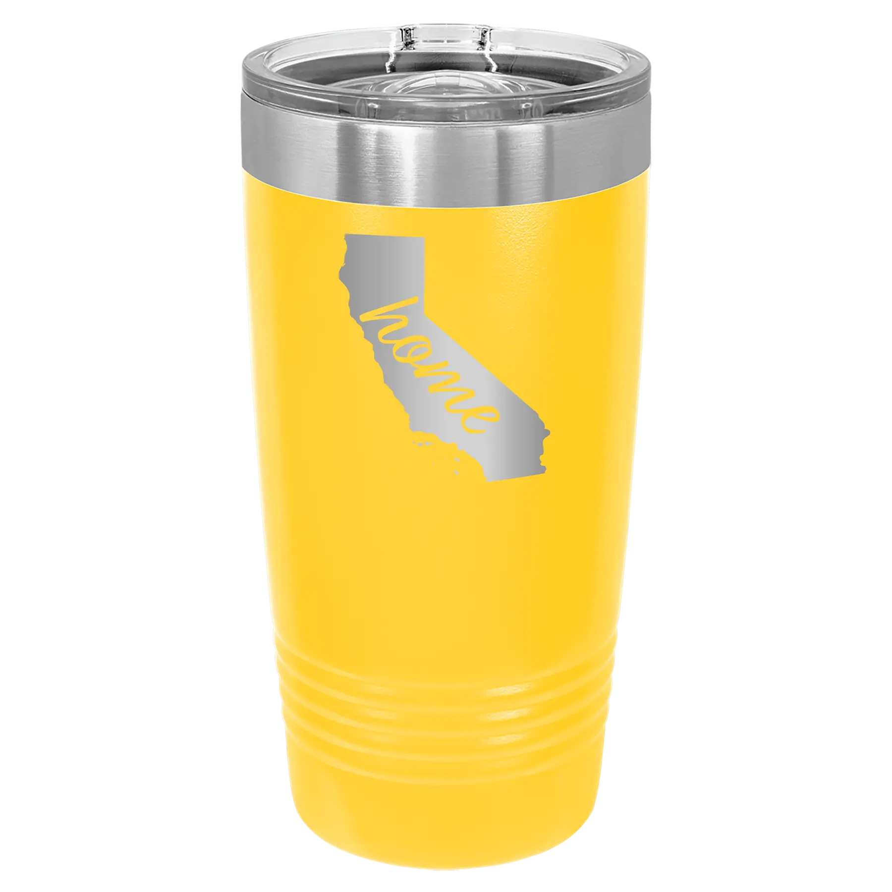 Laser etched yellow 20 oz vacuum insulated tumbler with 'California Home' design