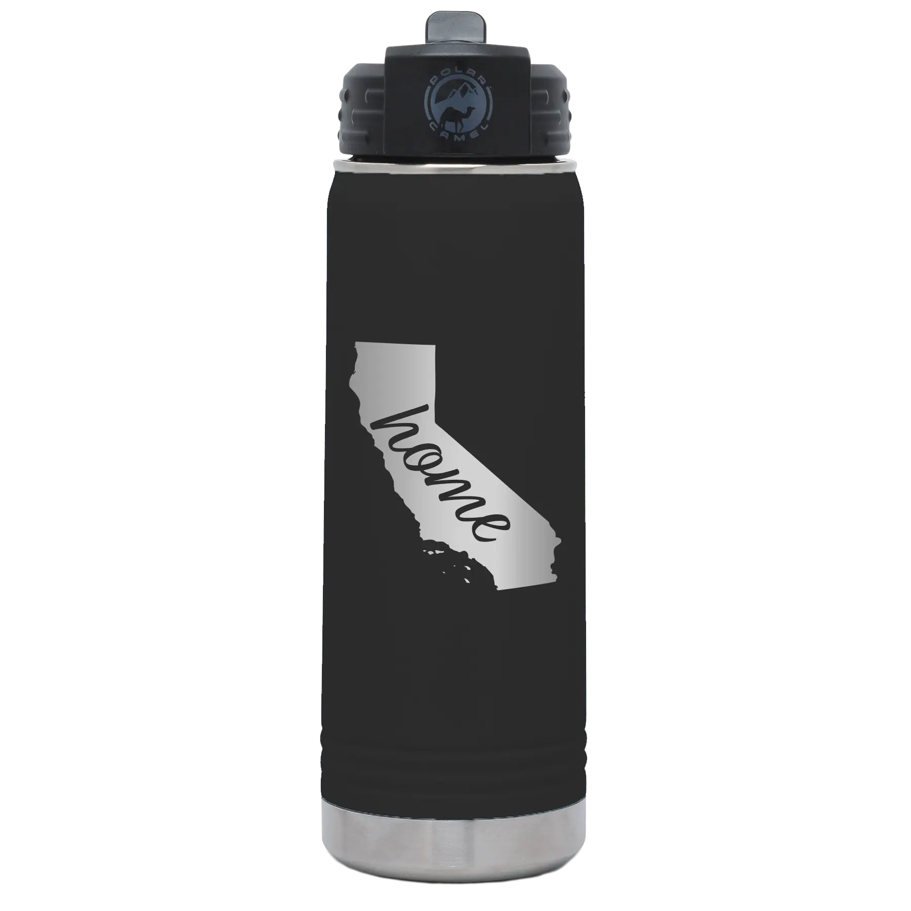 Laser etched black 20 oz vacuum insulated water bottle with 'California Home' design