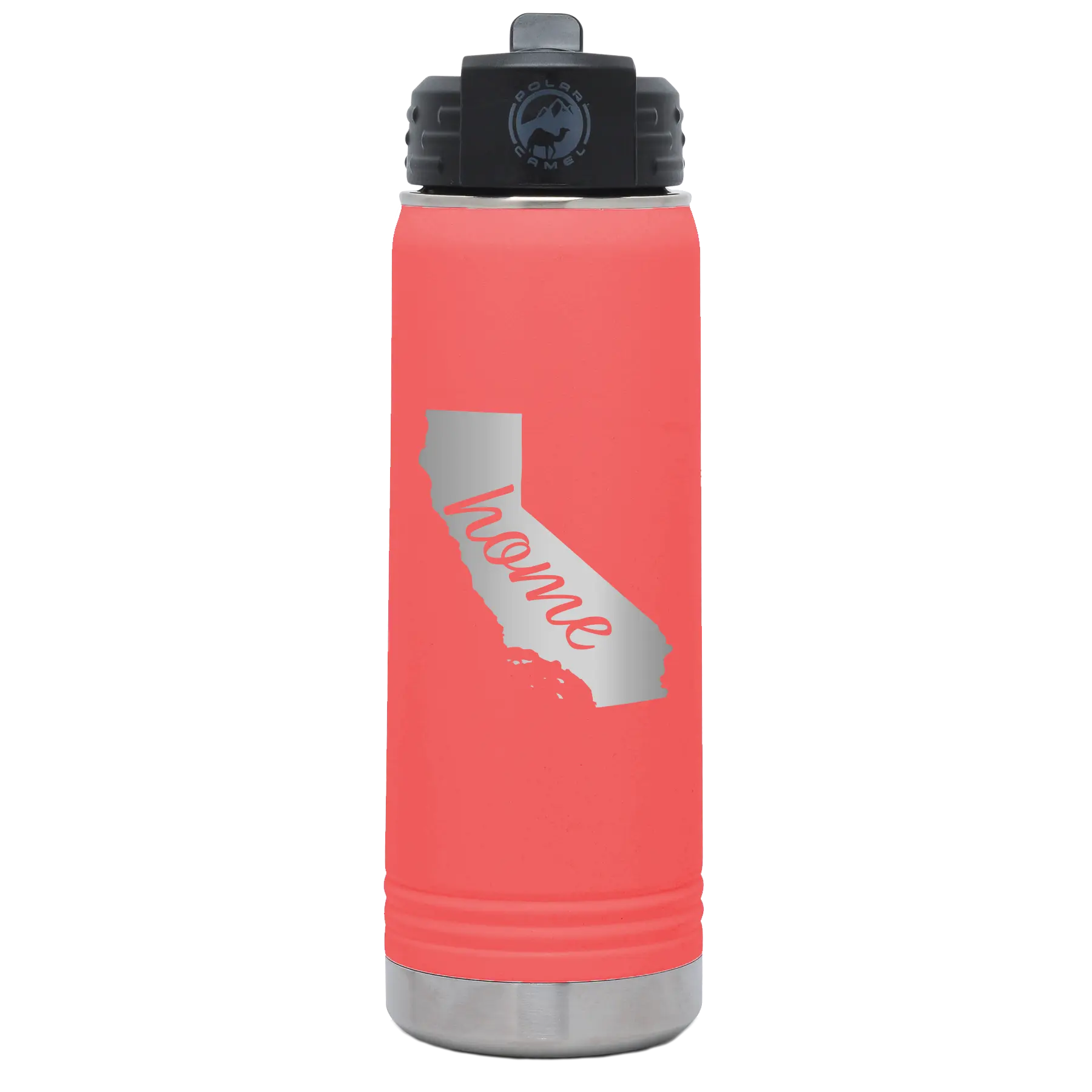 Laser etched coral 20 oz vacuum insulated water bottle with 'California Home' design