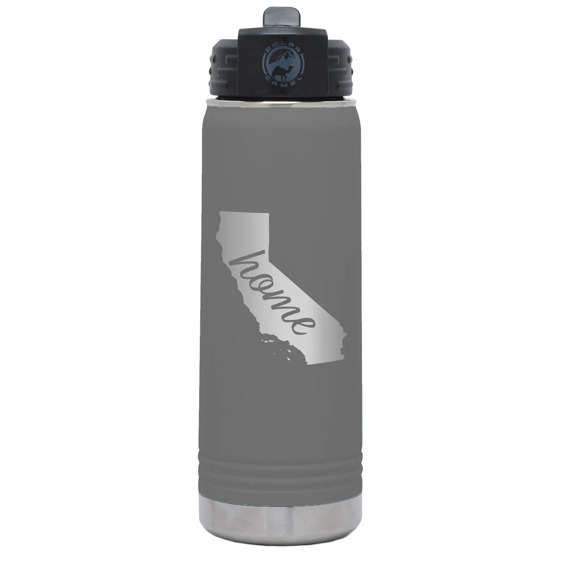 Laser etched dark gray 20 oz vacuum insulated water bottle with 'California Home' design