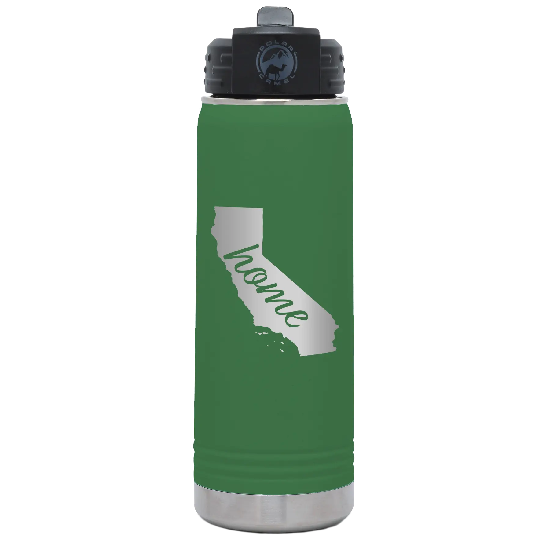 Laser etched green 20 oz vacuum insulated water bottle with 'California Home' design