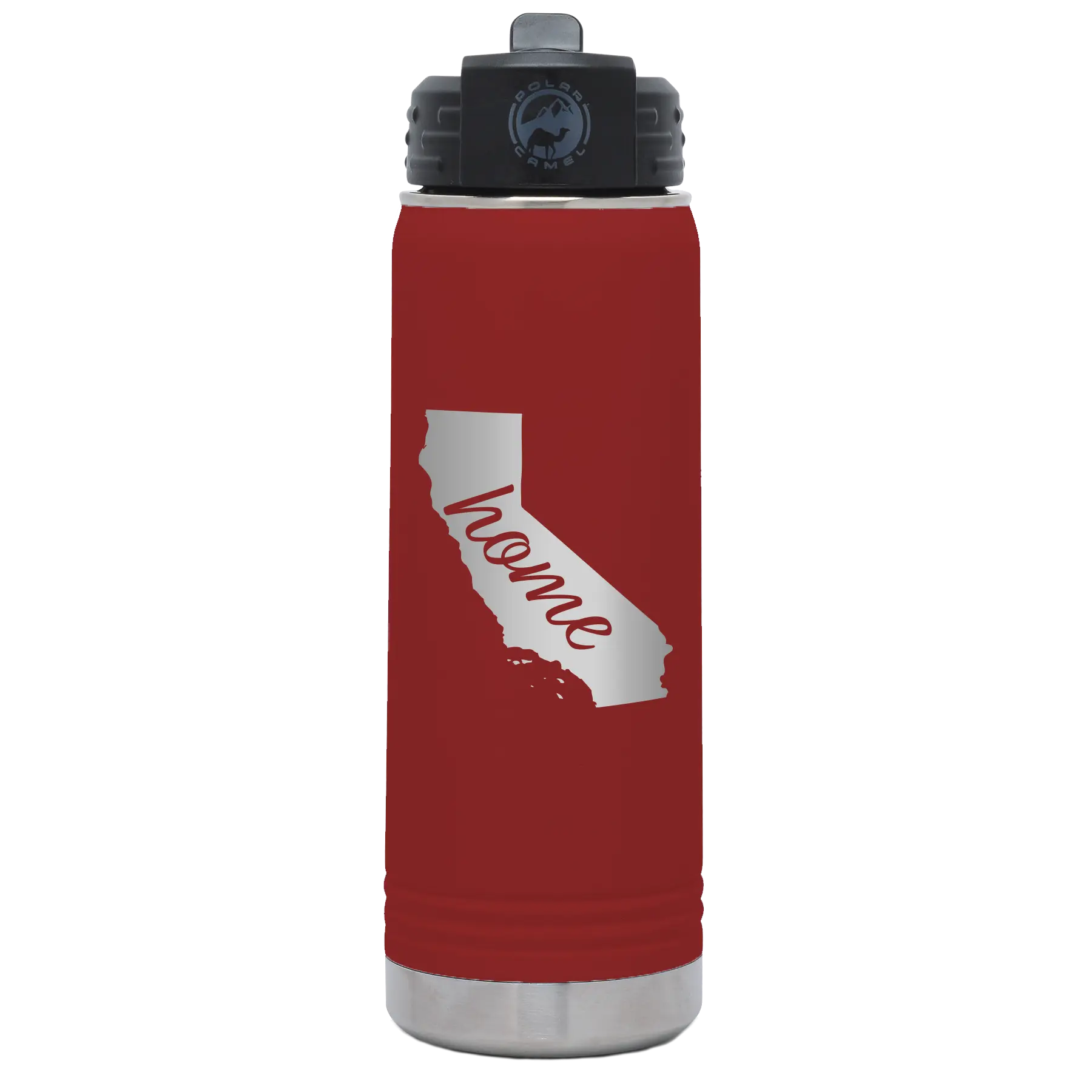 Laser etched maroon 20 oz vacuum insulated water bottle with 'California Home' design
