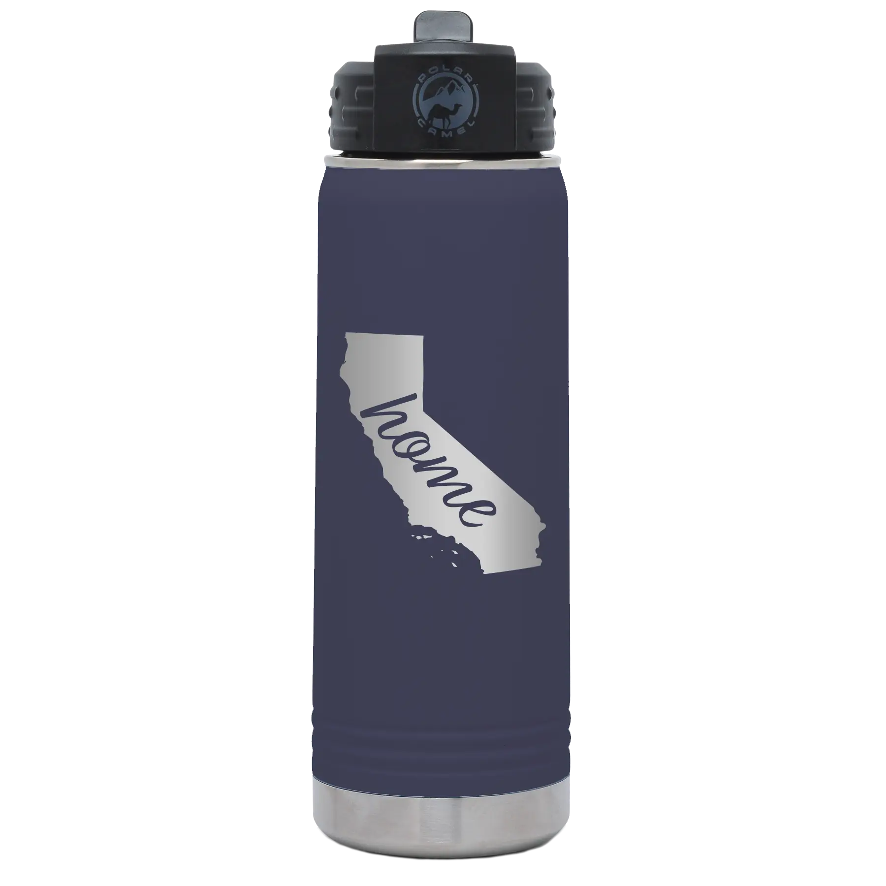 Laser etched navy 20 oz vacuum insulated water bottle with 'California Home' design