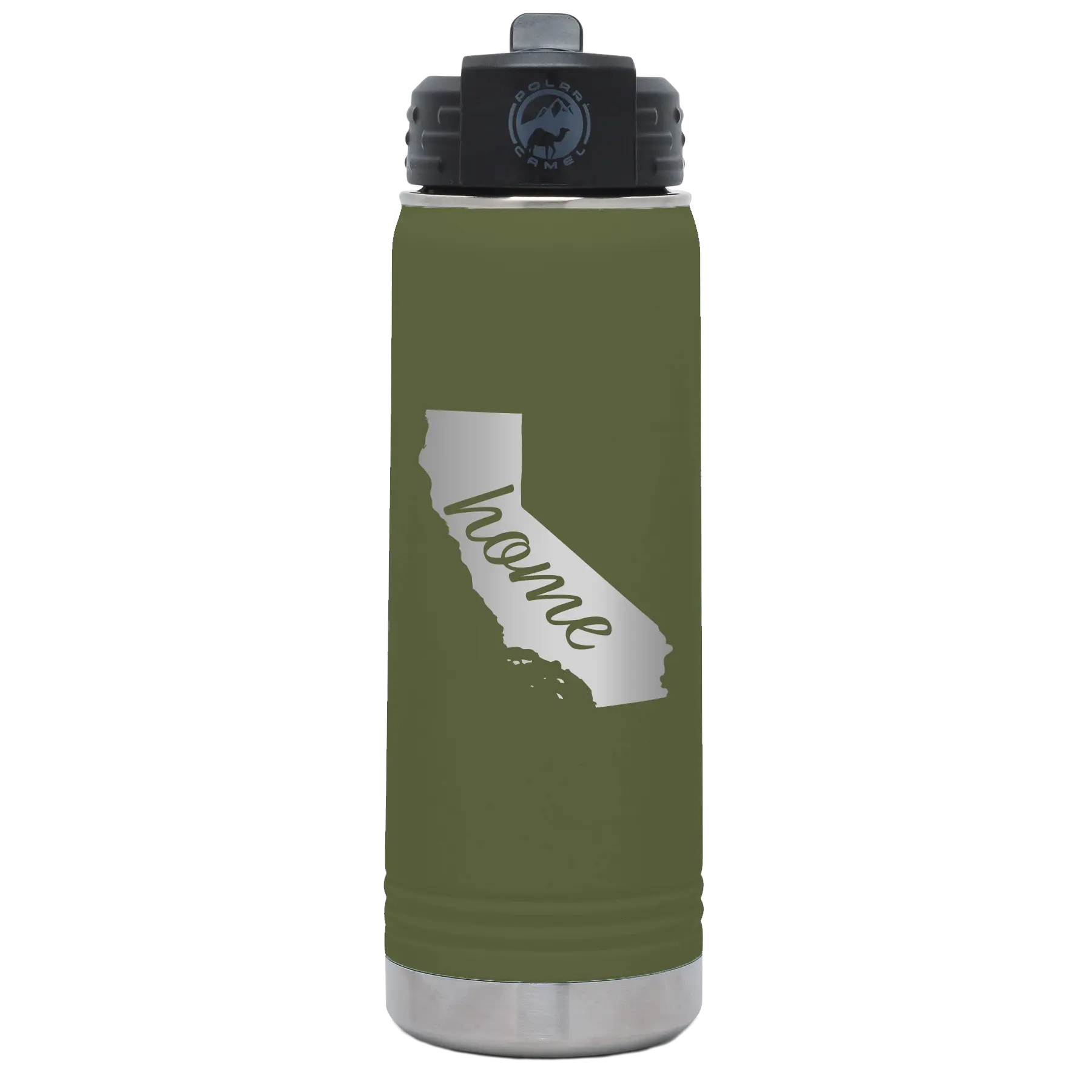 Laser etched olive green 20 oz vacuum insulated water bottle with 'California Home' design