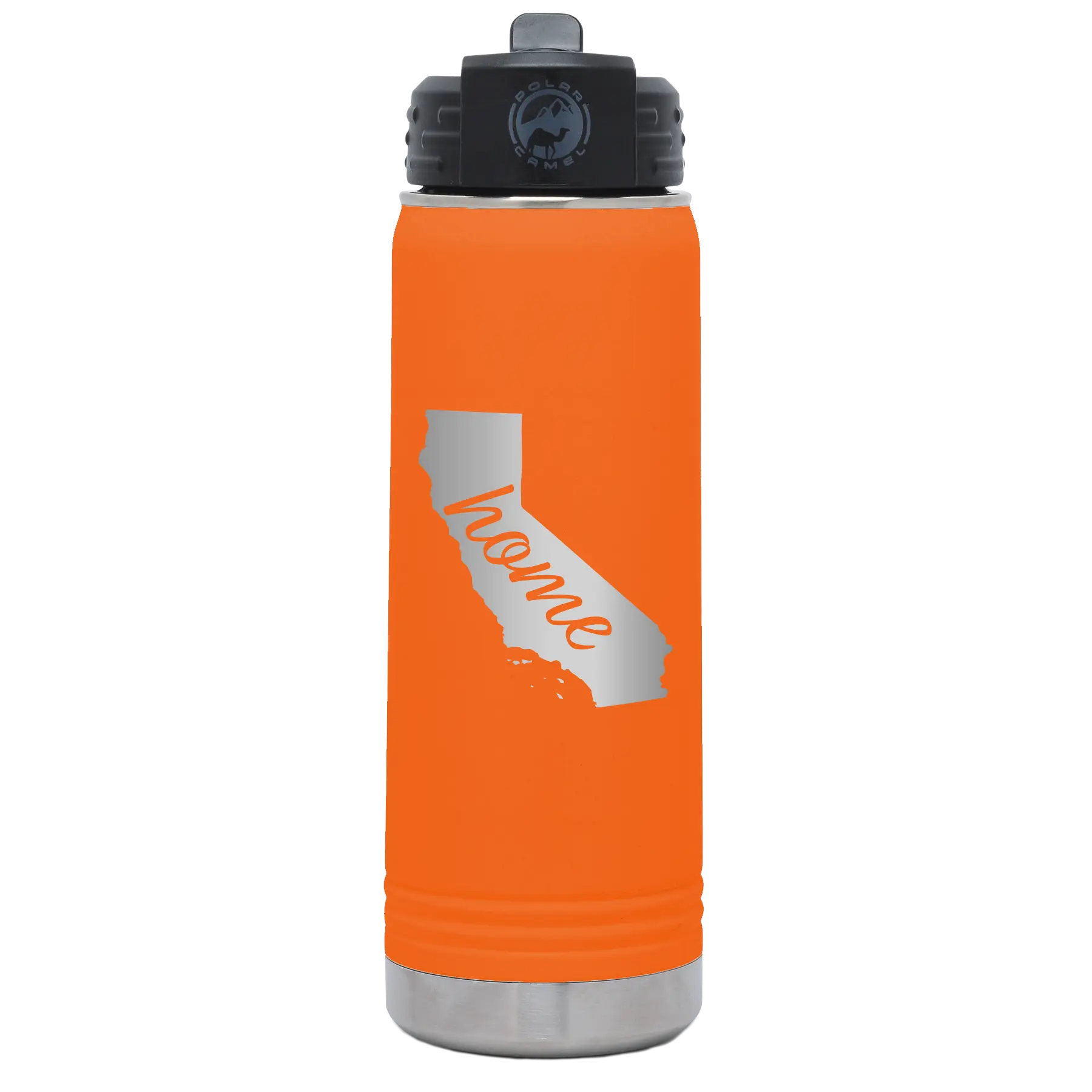 Laser etched orange 20 oz vacuum insulated water bottle with 'California Home' design