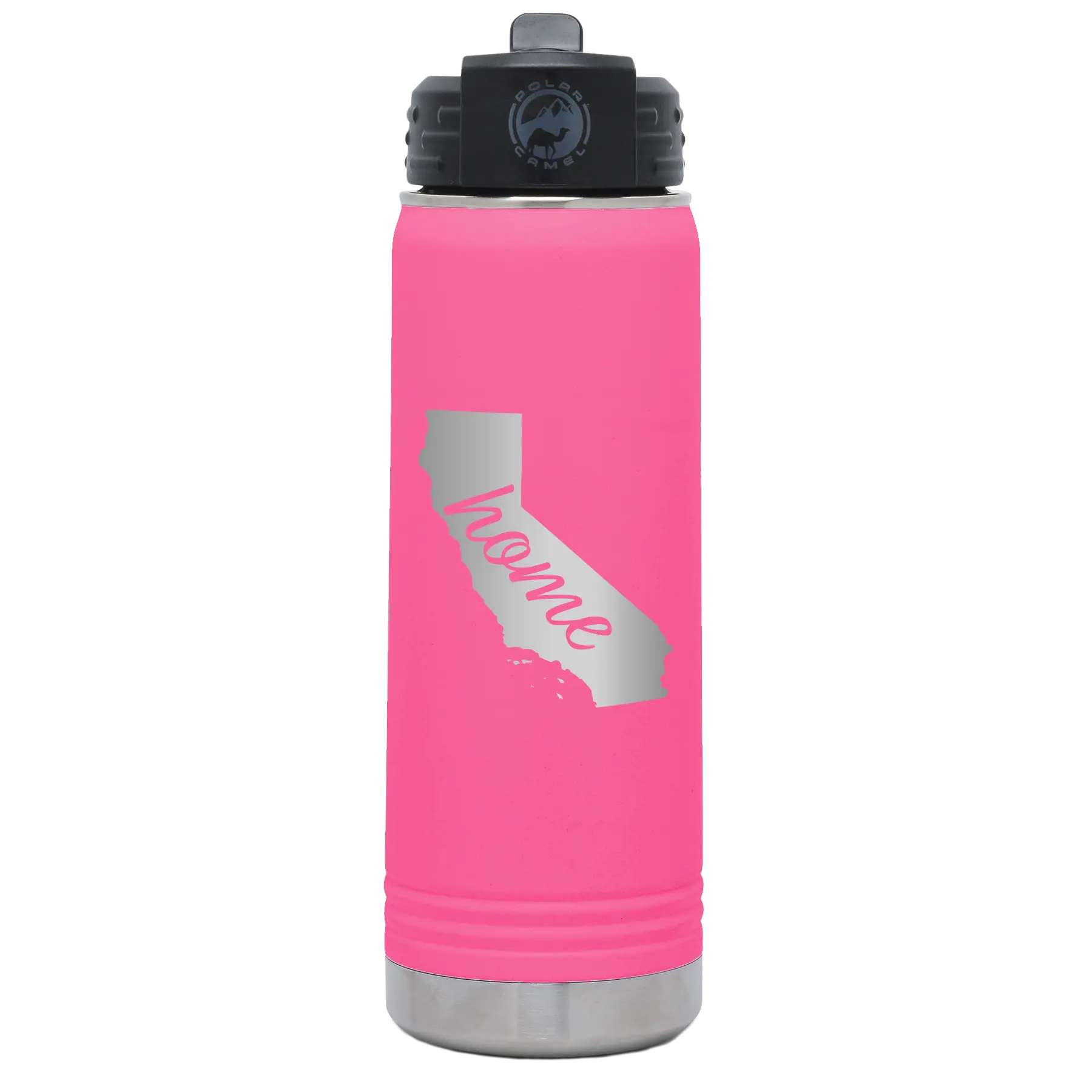 Laser etched pink 20 oz vacuum insulated water bottle with 'California Home' design