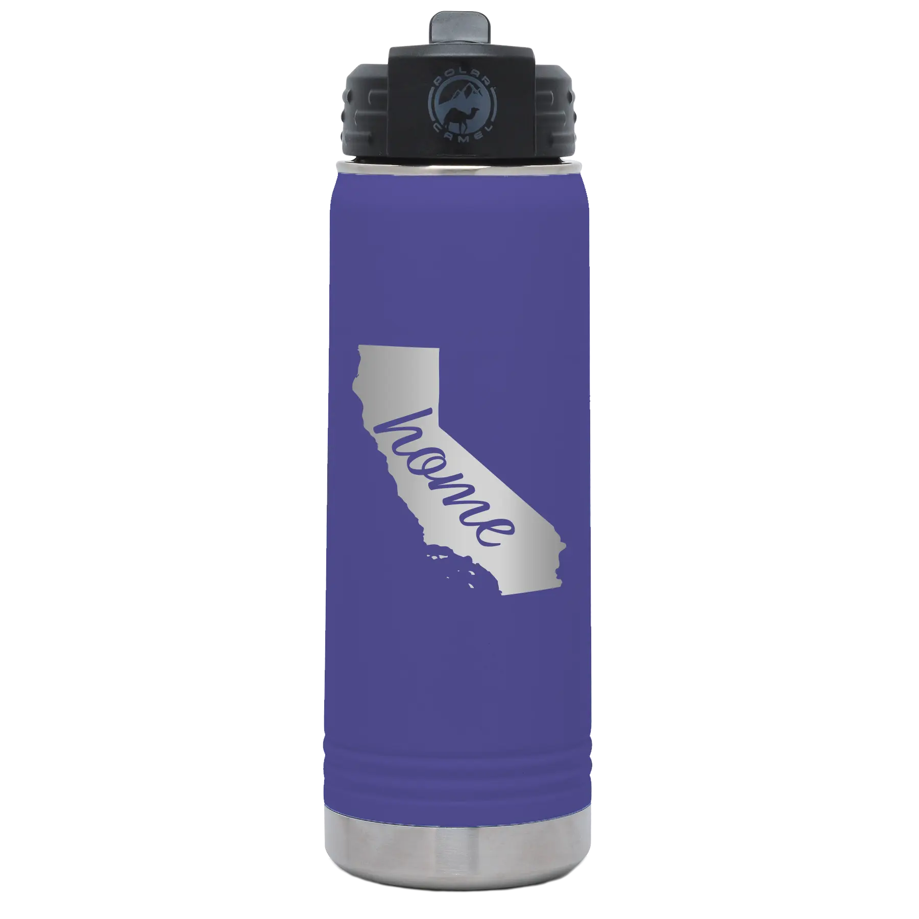 Laser etched purple 20 oz vacuum insulated water bottle with 'California Home' design