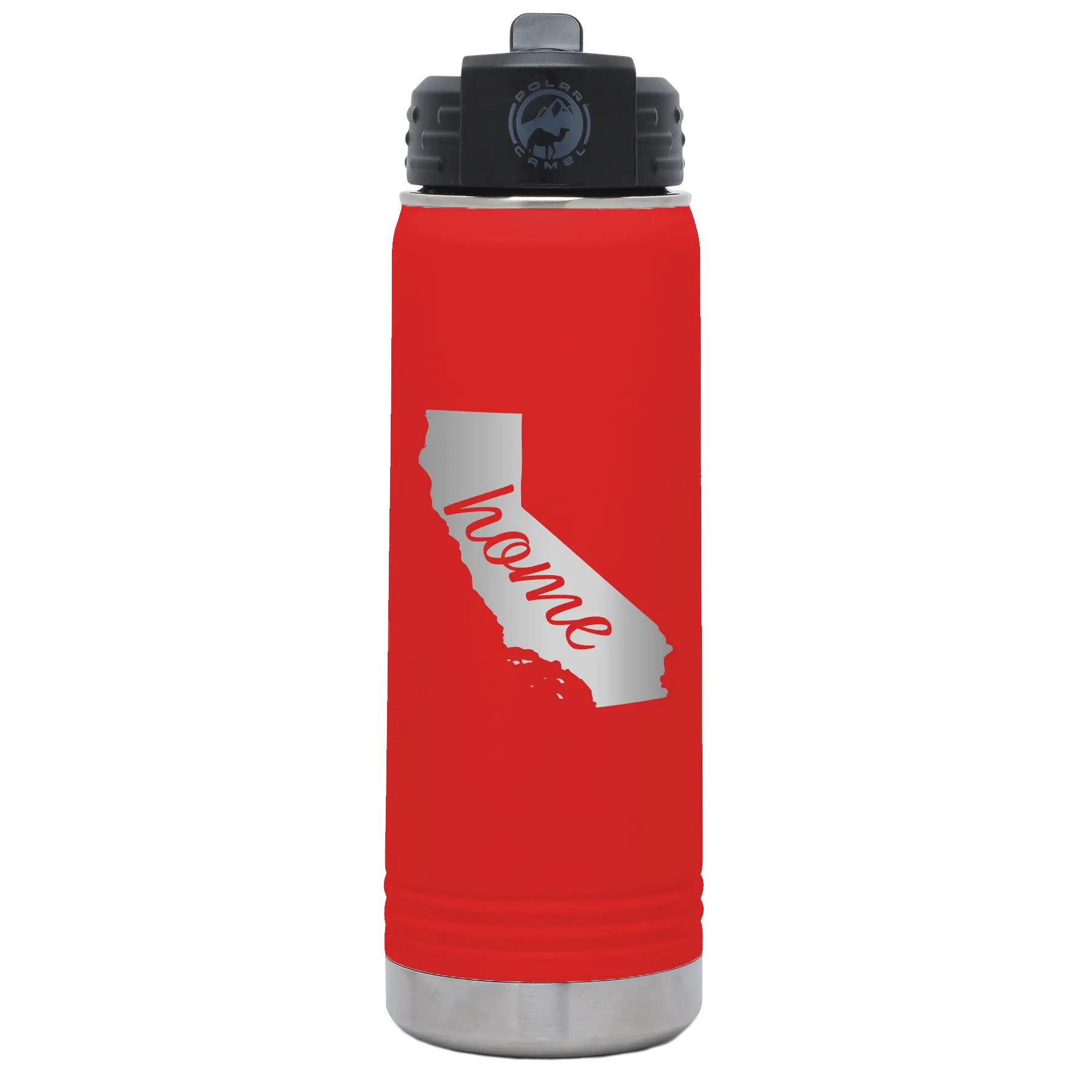 Laser etched red 20 oz vacuum insulated water bottle with 'California Home' design