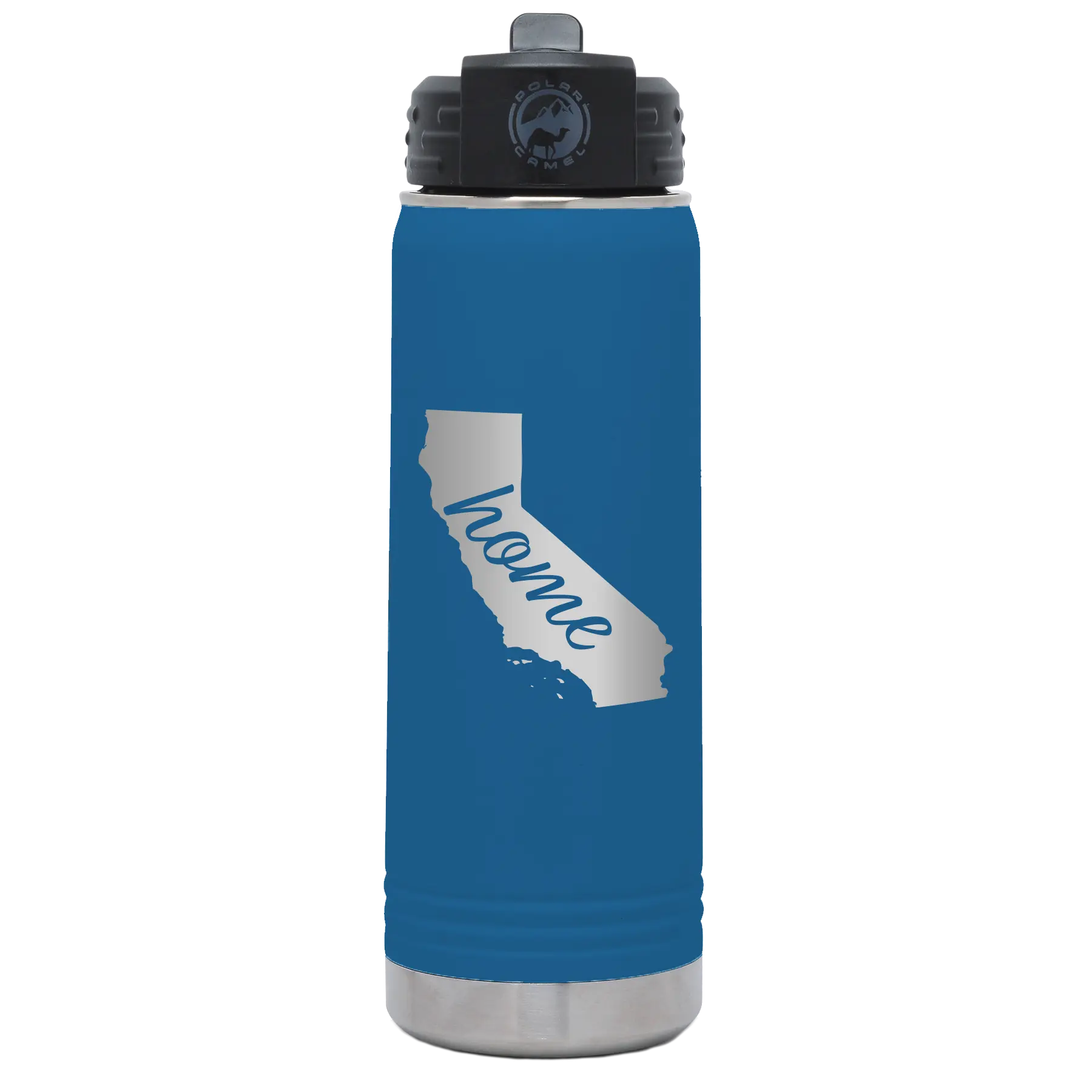 Laser etched royal blue 20 oz vacuum insulated water bottle with 'California Home' design