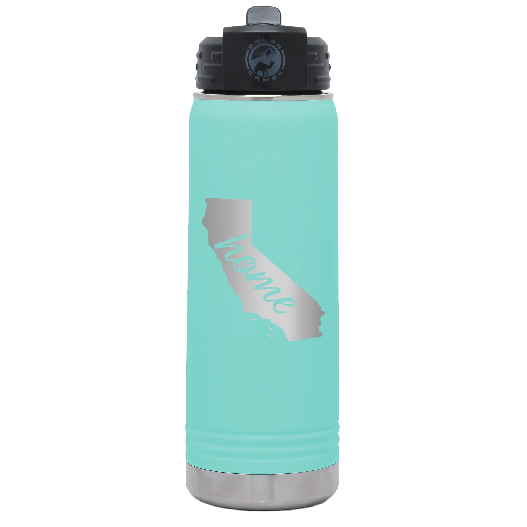 Laser etched teal 20 oz vacuum insulated water bottle with 'California Home' design