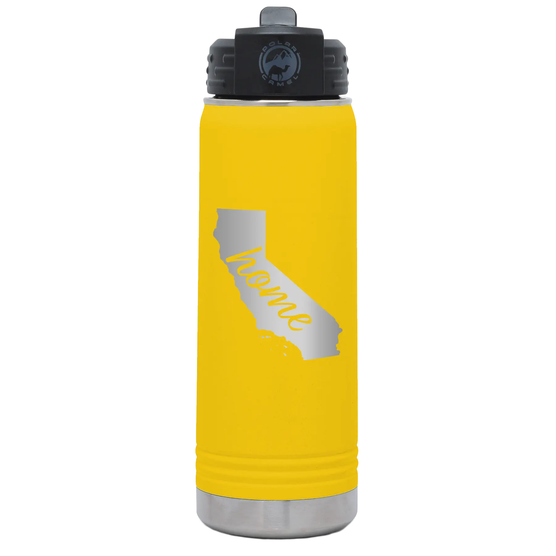 Laser etched yellow 20 oz vacuum insulated water bottle with 'California Home' design