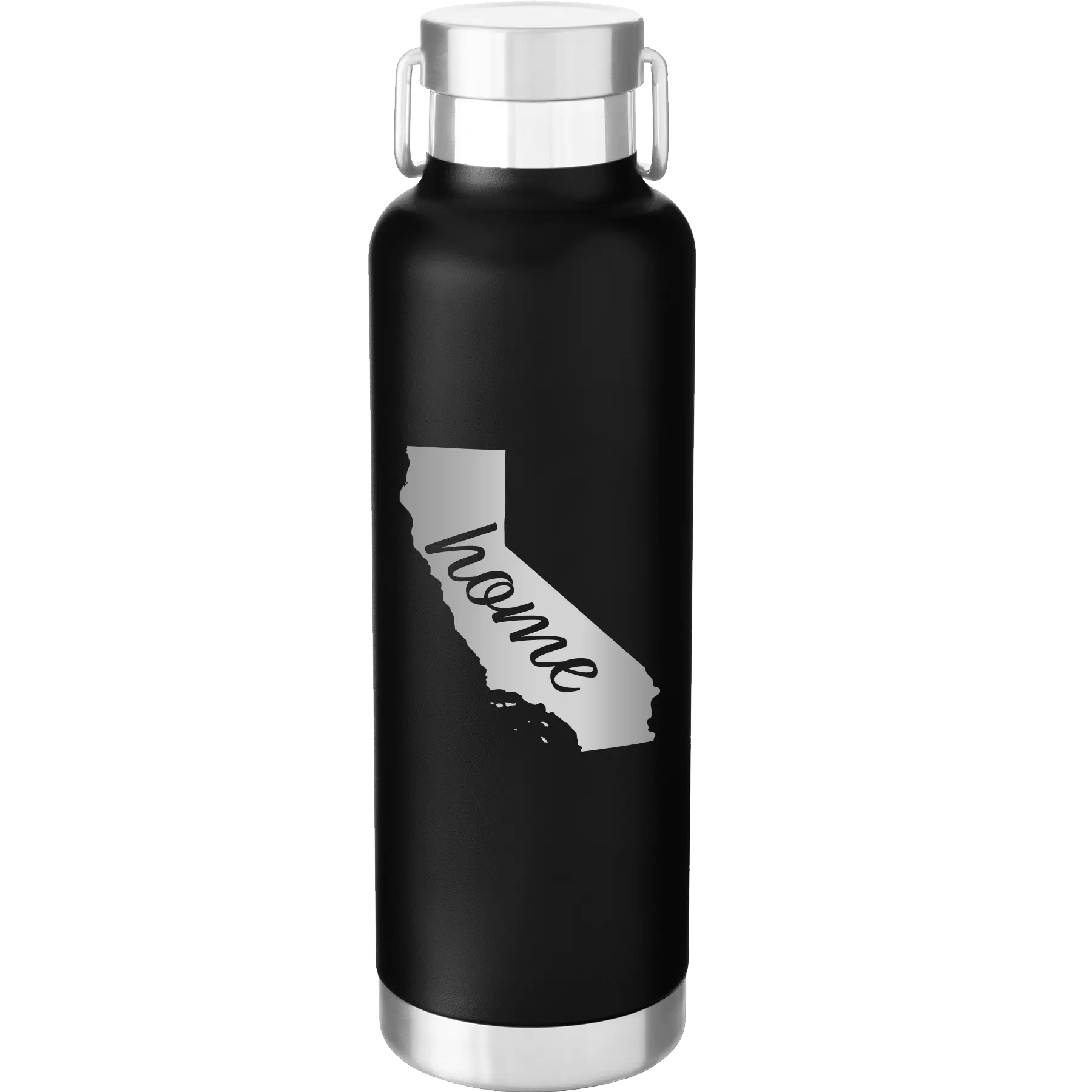 Laser etched black 24 oz vacuum insulated water bottle with 'California Home' design