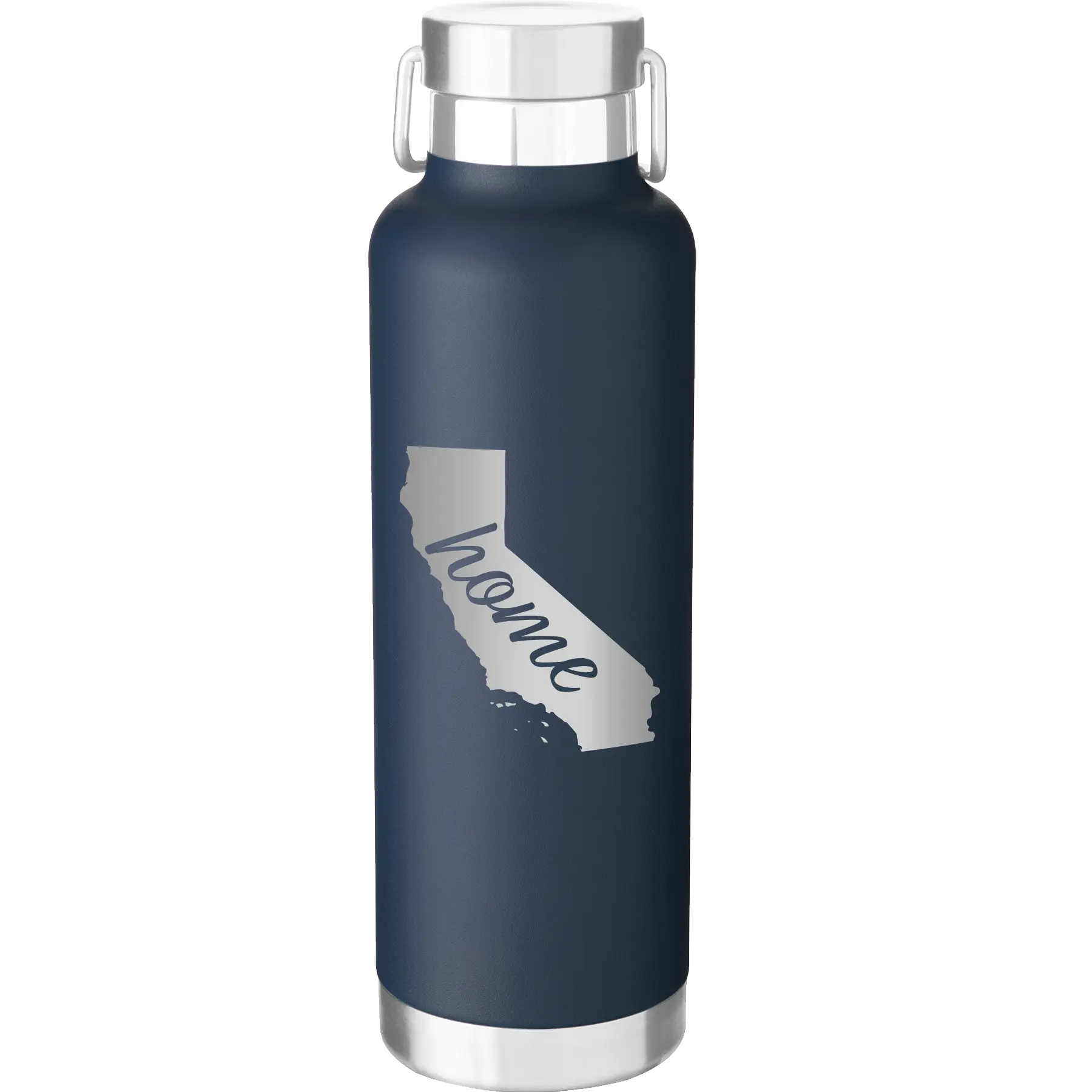 Laser etched navy 24 oz vacuum insulated water bottle with 'California Home' design