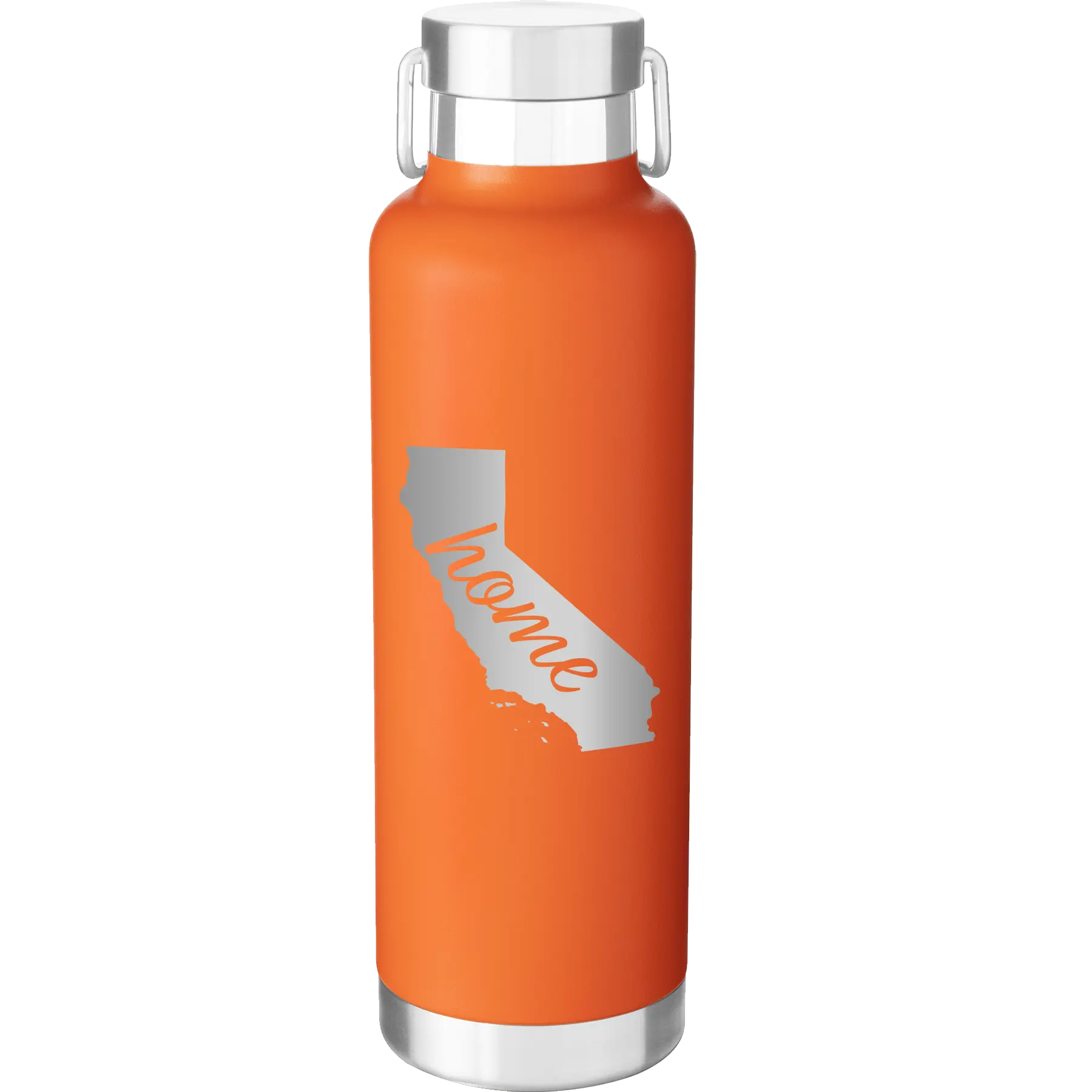Laser etched orange 24 oz vacuum insulated water bottle with 'California Home' design