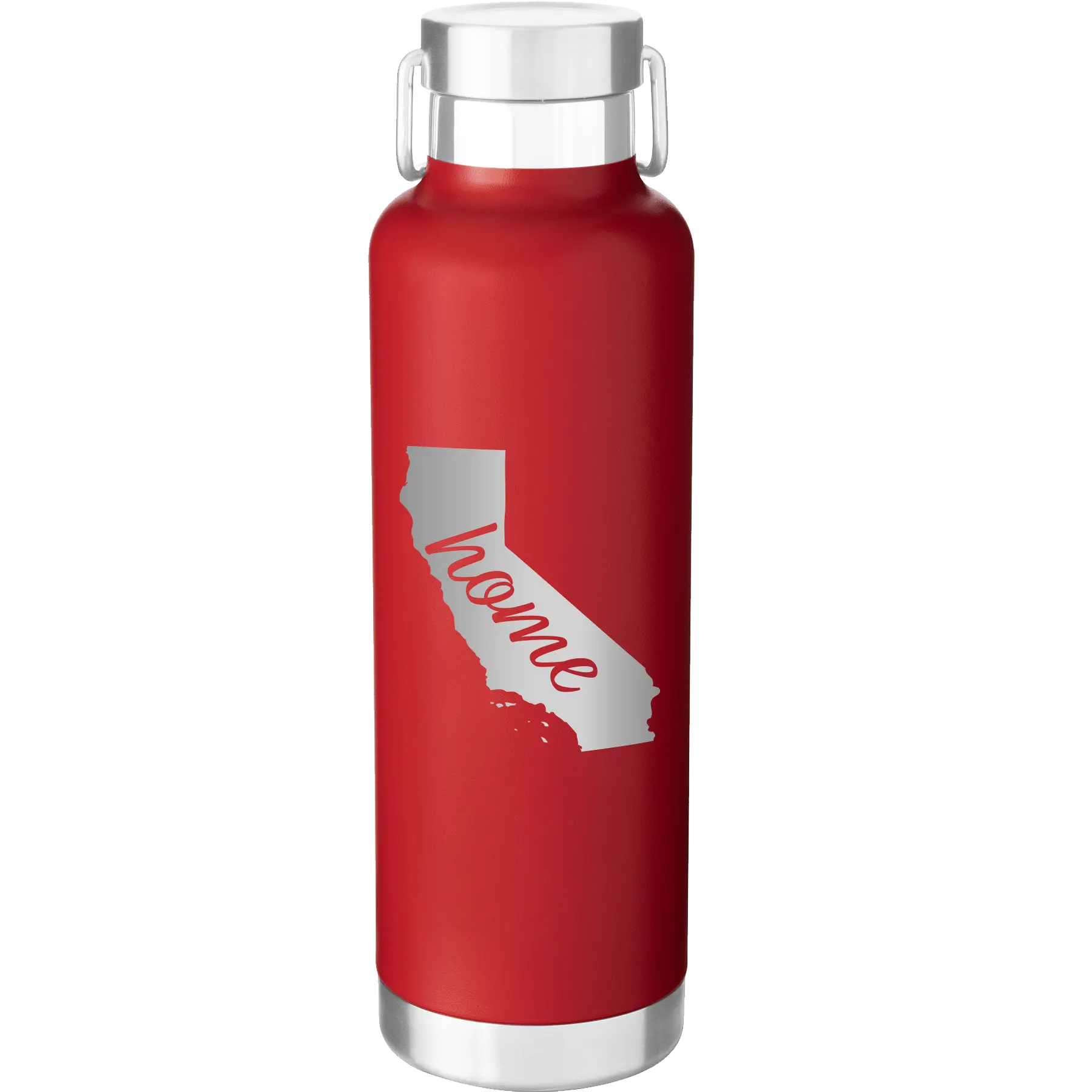 Laser etched red 24 oz vacuum insulated water bottle with 'California Home' design