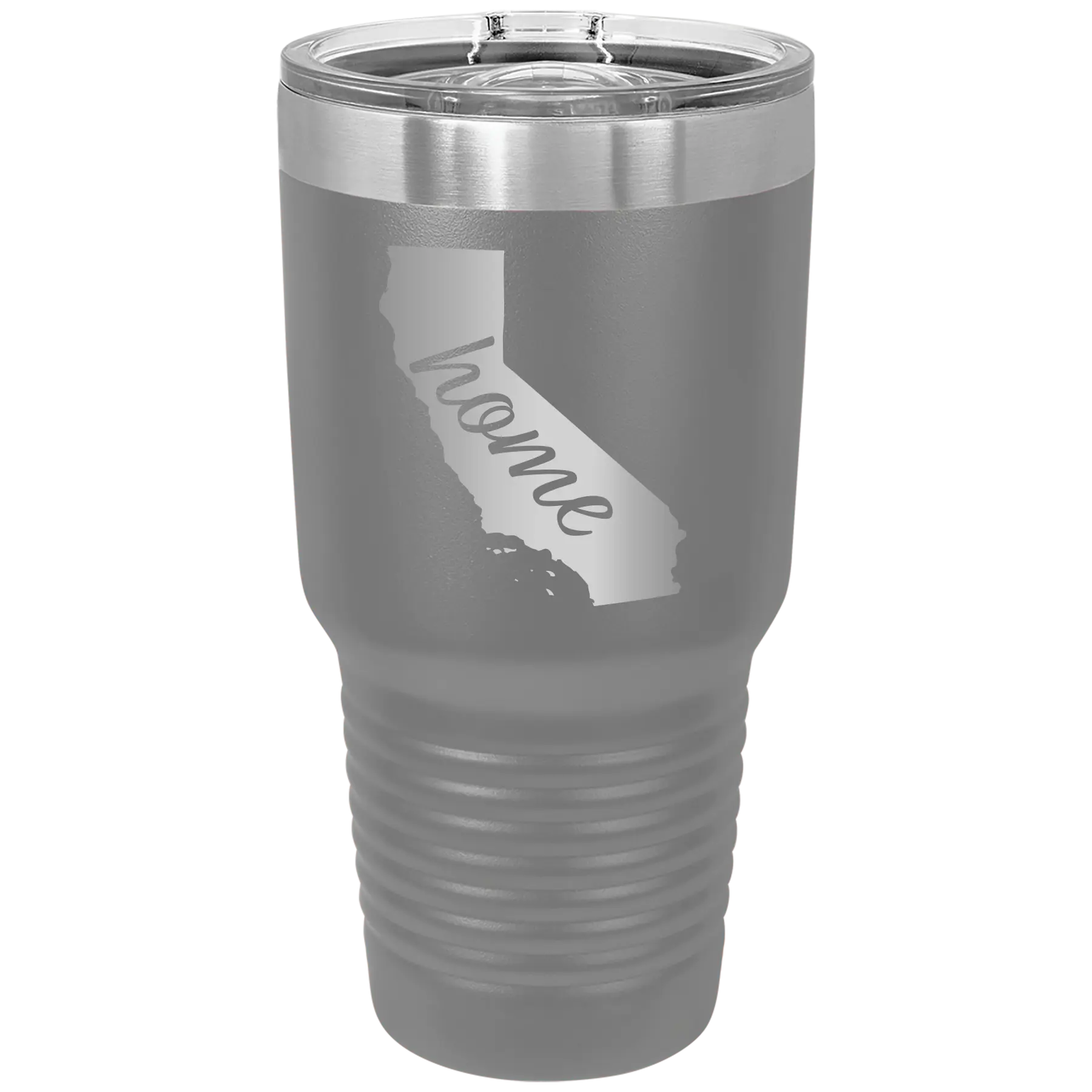 Laser etched dark gray 30 oz vacuum insulated tumbler with 'California Home' design