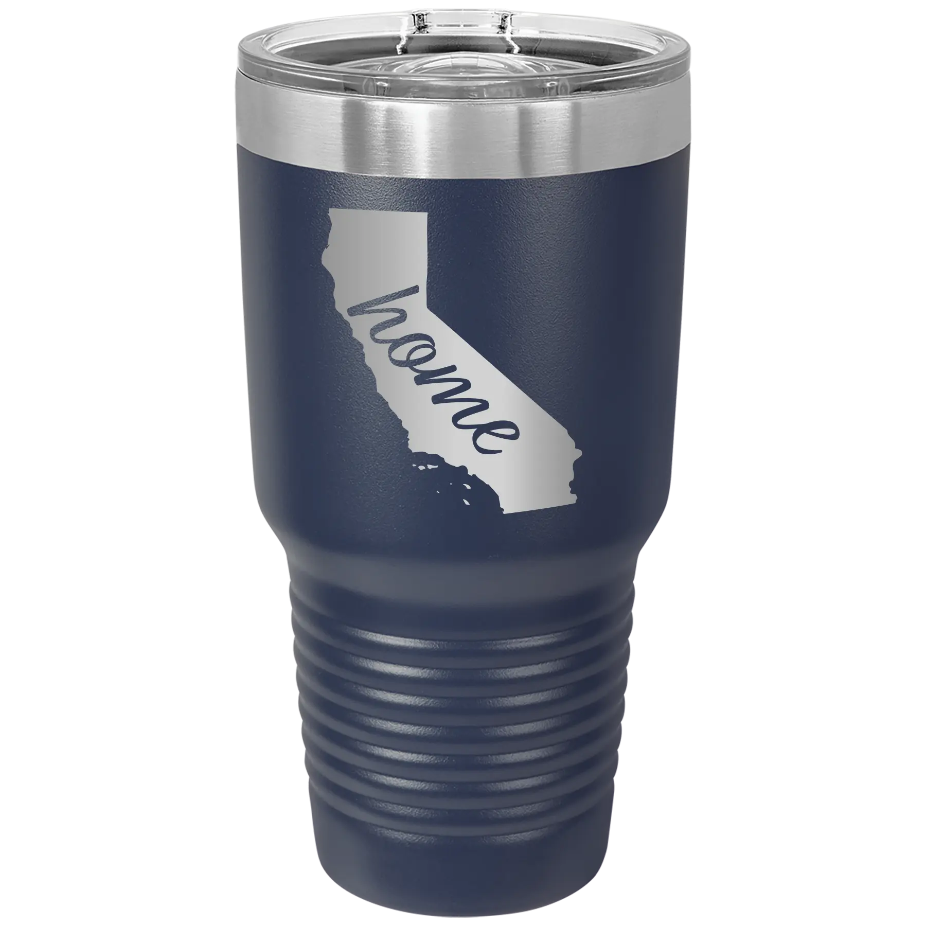 Laser etched navy 30 oz vacuum insulated tumbler with 'California Home' design