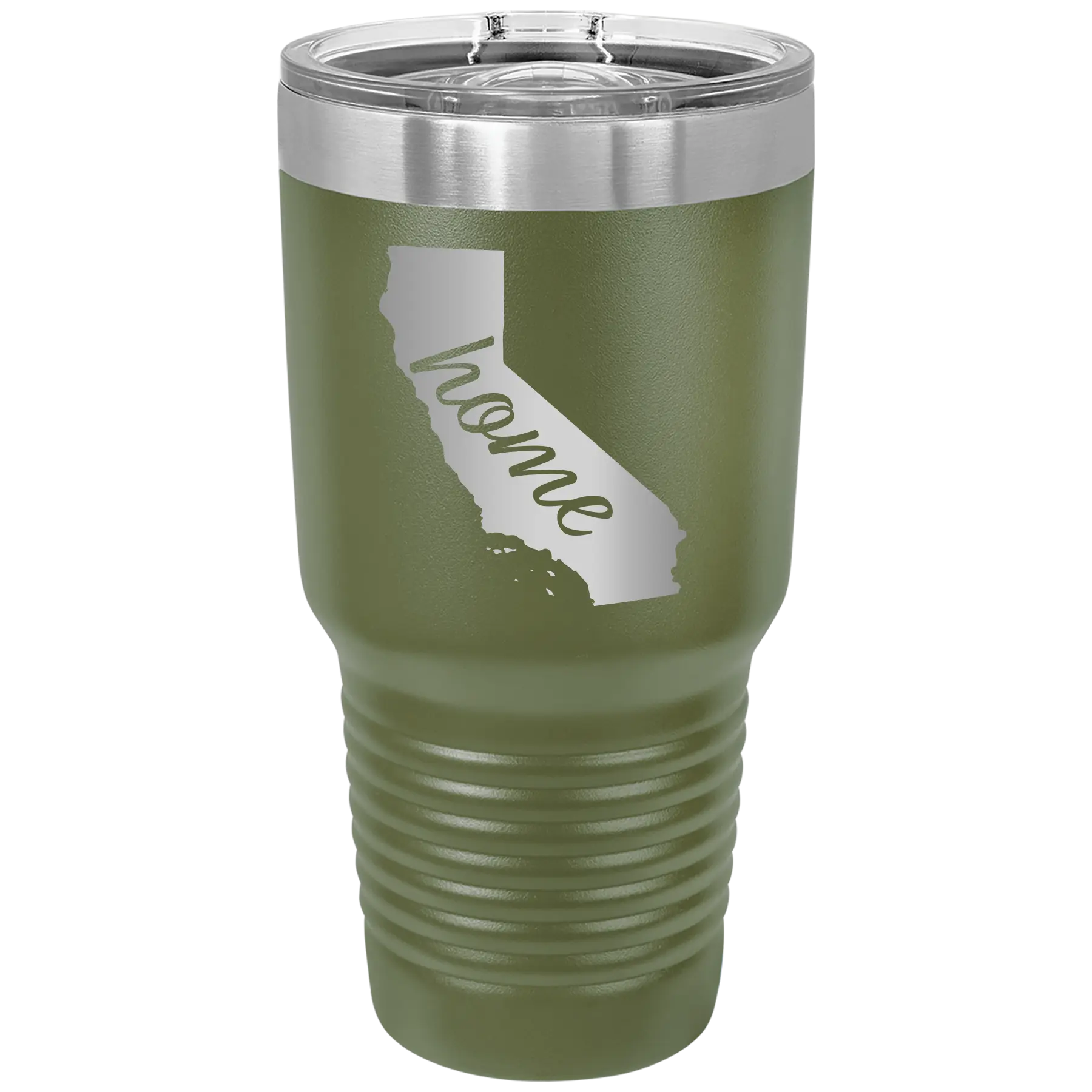 Laser etched olive green 30 oz vacuum insulated tumbler with 'California Home' design